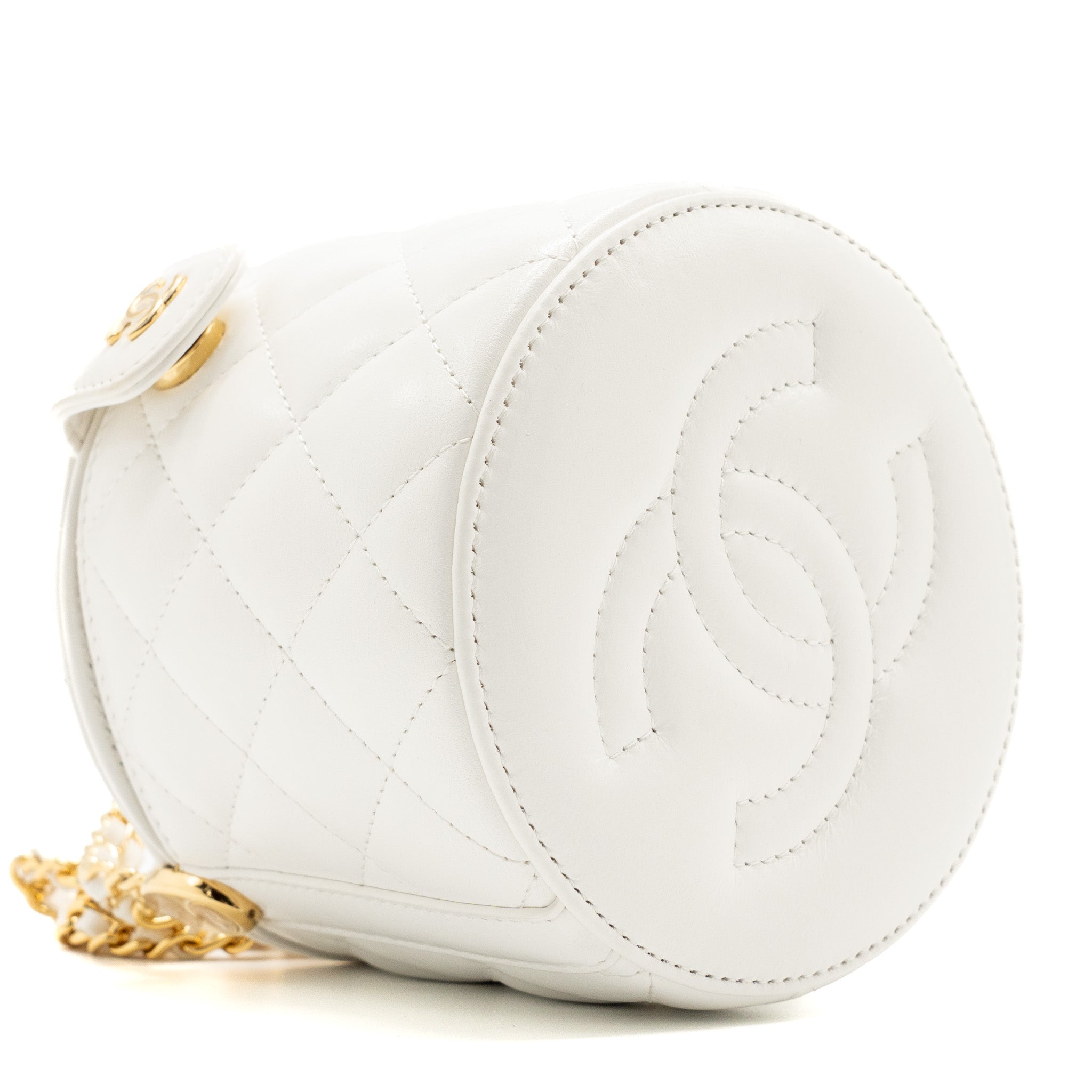 CHANEL TOP HANDLE ROUND VANITY WITH CHAIN LAMBSKIN WHITE GHW (MICROCHIP)