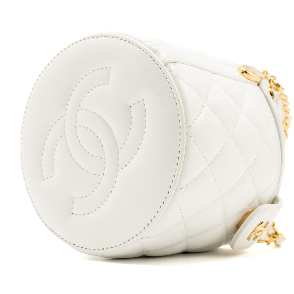 CHANEL TOP HANDLE ROUND VANITY WITH CHAIN LAMBSKIN WHITE GHW (MICROCHIP)