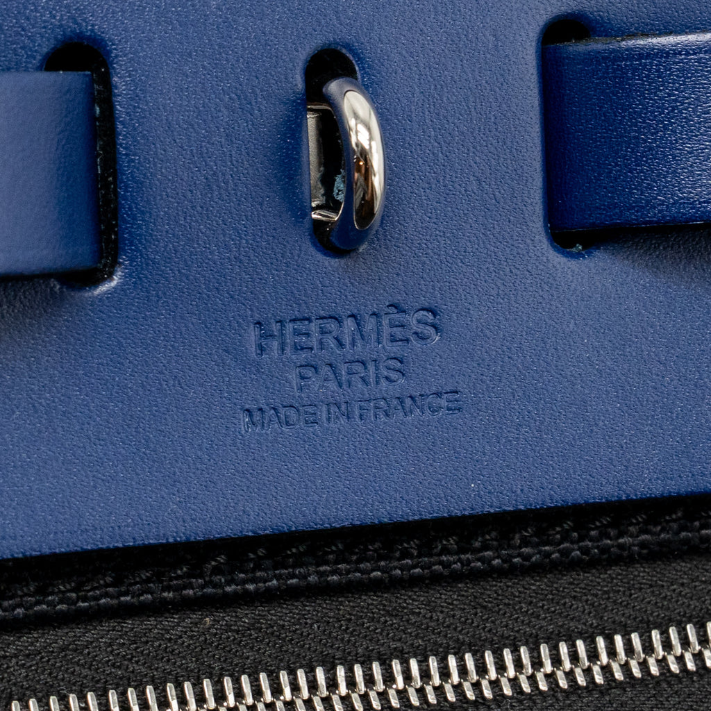HERMES HERBAG 31 ZIP BAG CANVAS/HUNTER LEATHER BLACK/BLEU SAPHIR SHW
