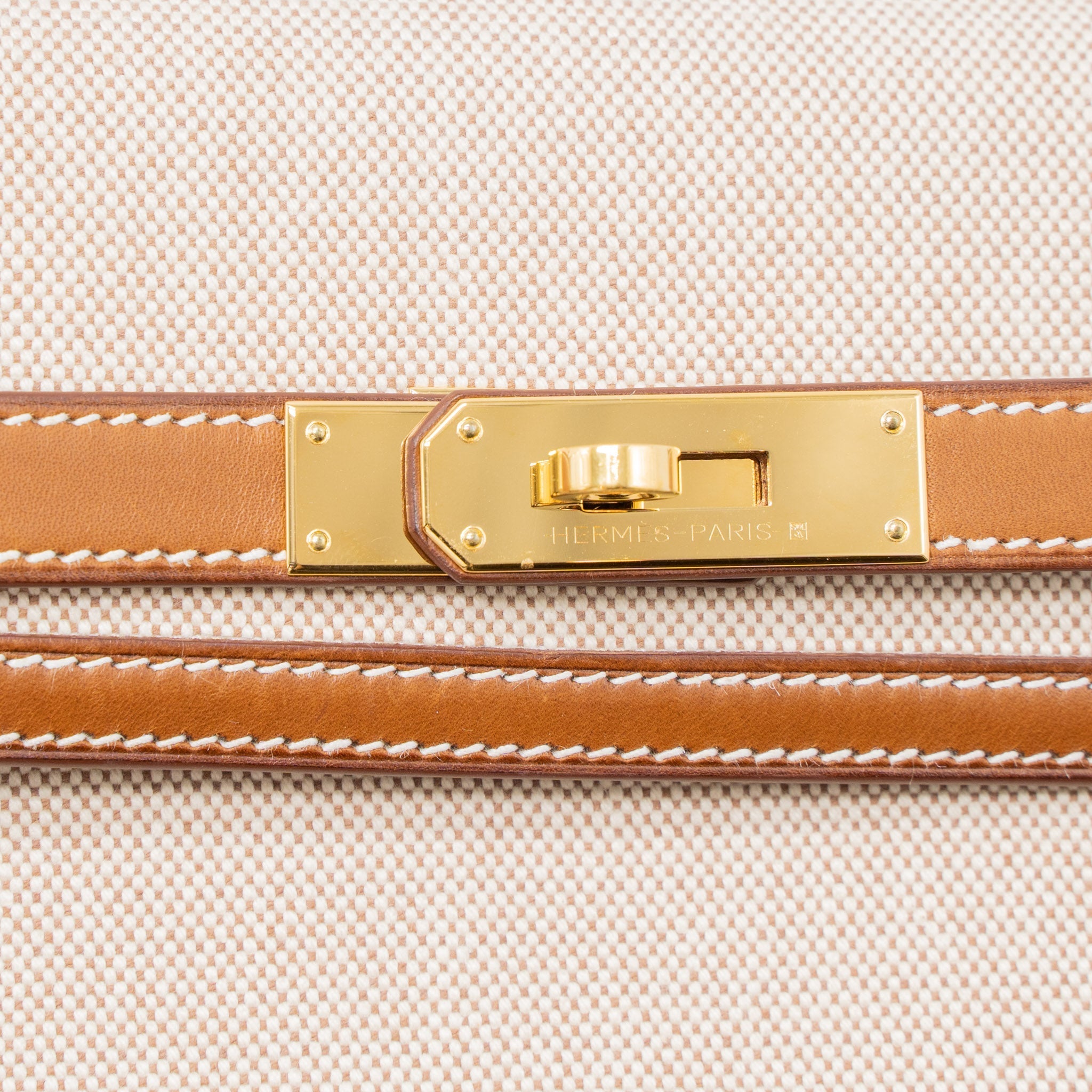 HERMES POCHETTE KELLY DEPECHES 25 CANVAS AND BARENIA, ECRU/ BEIGE / FAUVE GHW