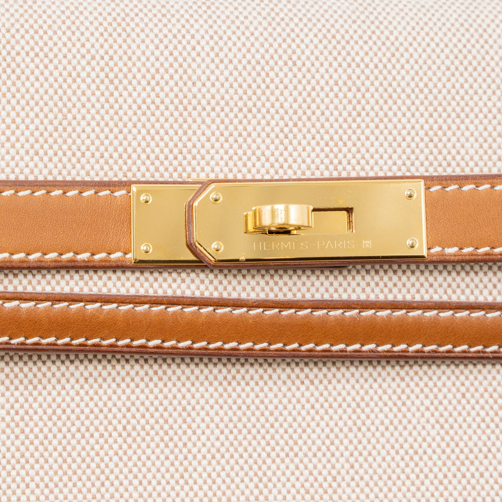 HERMES POCHETTE KELLY DEPECHES 25 CANVAS/BARENIA ECRU BEIGE/FAUVE GHW