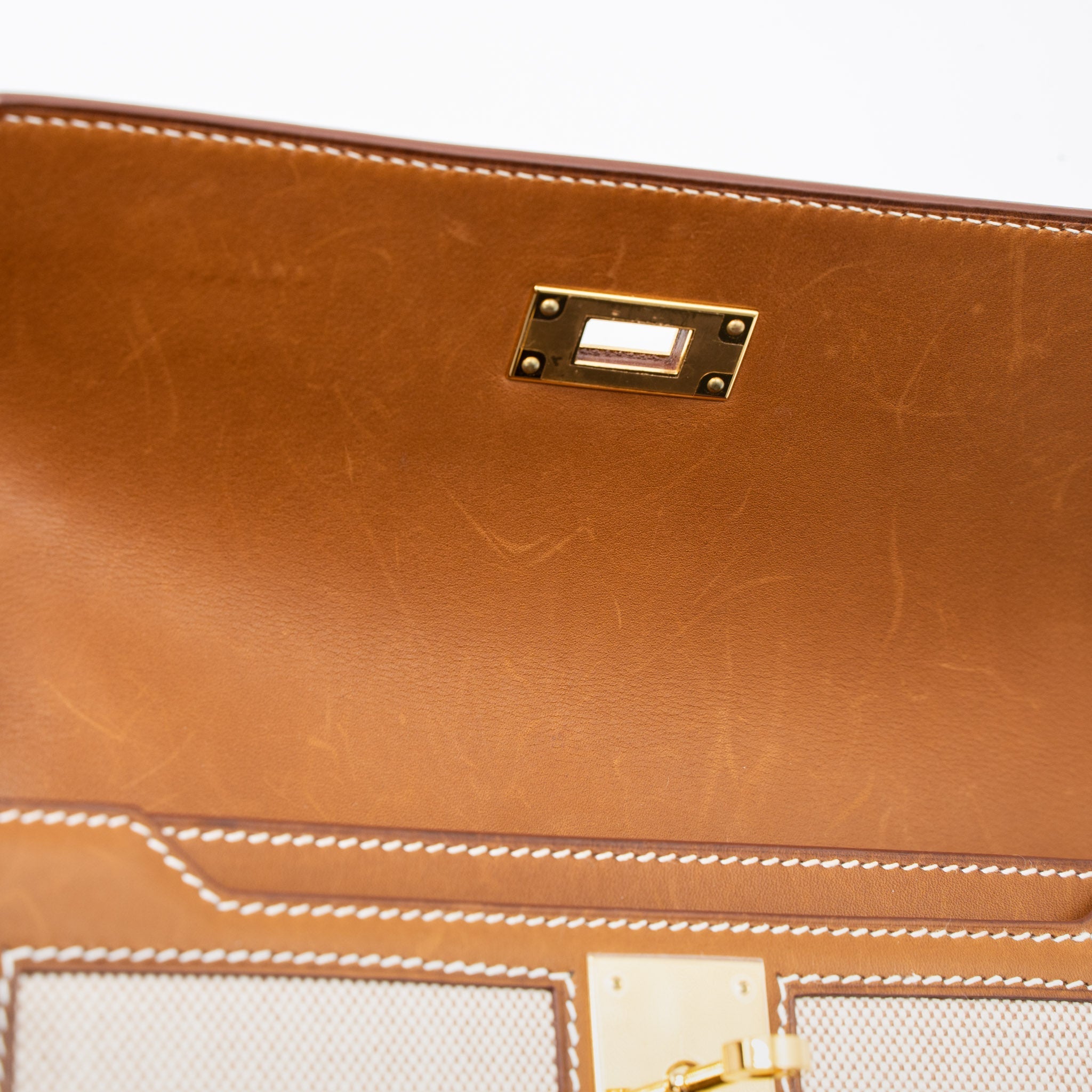HERMES POCHETTE KELLY DEPECHES 25 CANVAS AND BARENIA, ECRU/ BEIGE / FAUVE GHW