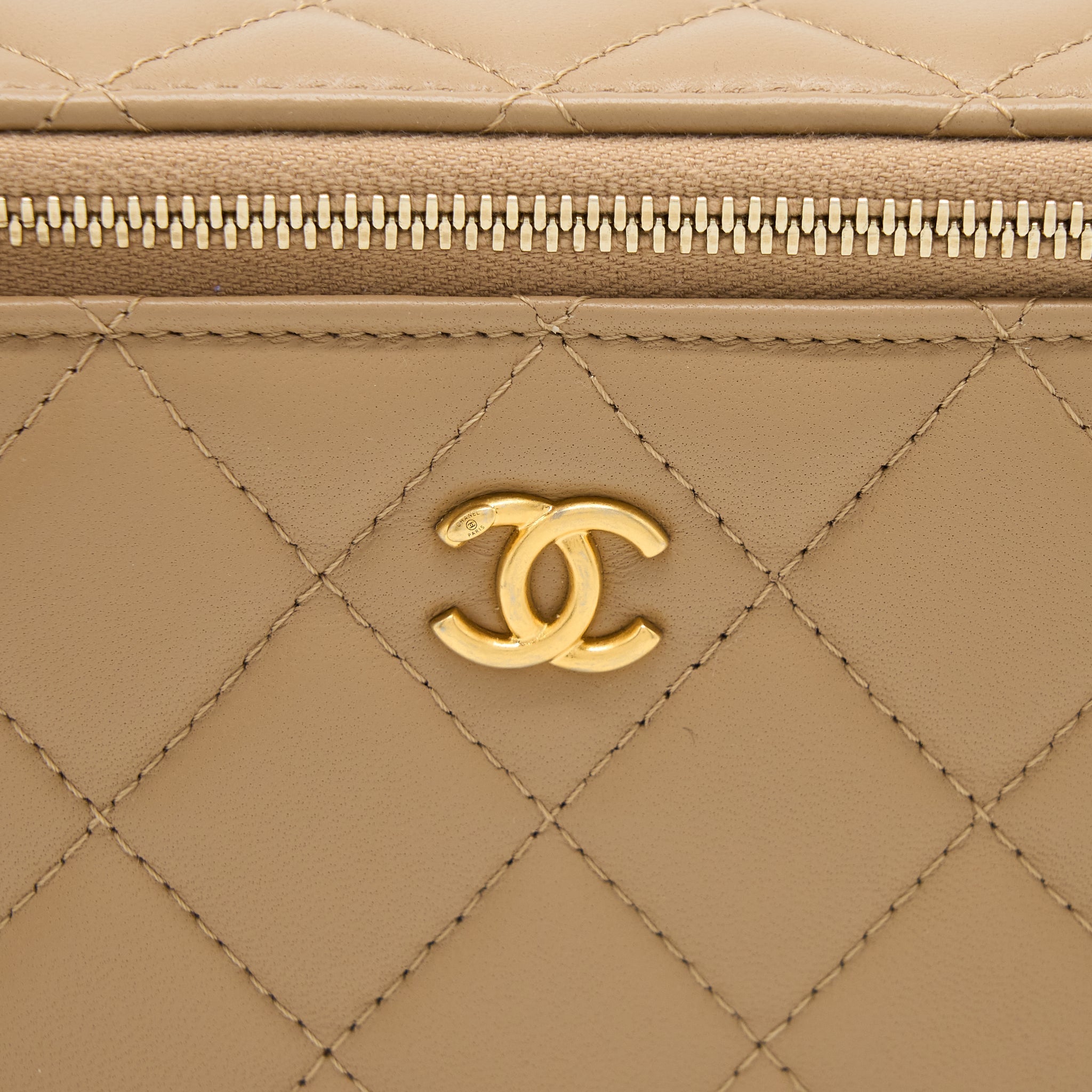 CHANEL PEARL CRUSH LONG VANITY CASE LAMBSKIN DARK BEIGE GHW
