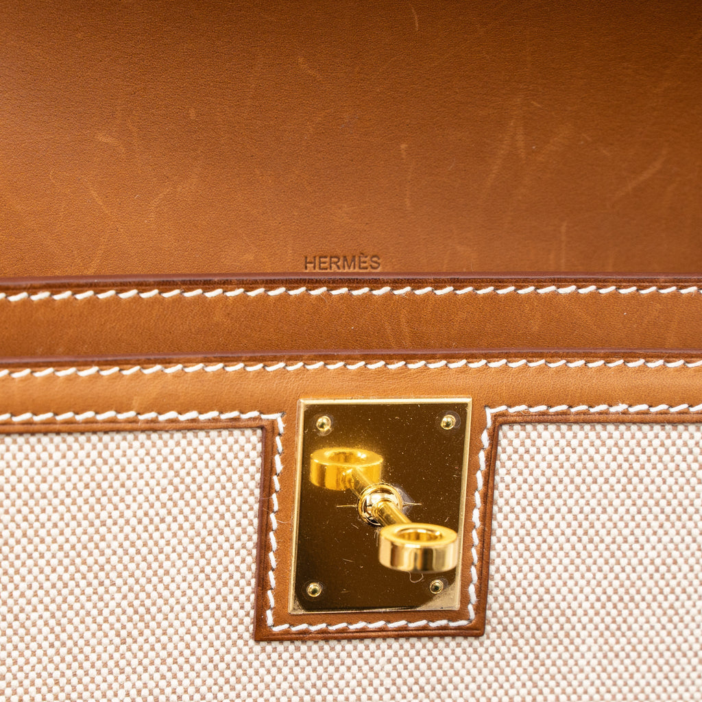 HERMES POCHETTE KELLY DEPECHES 25 CANVAS/BARENIA ECRU BEIGE/FAUVE GHW