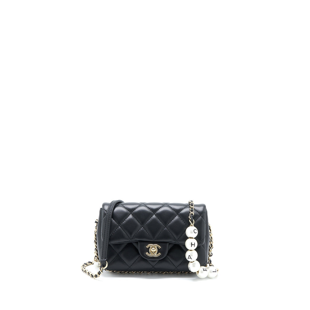 CHANEL PEARL CHAIN FLAP BAG QUILTED LAMBSKIN BLACK LGHW