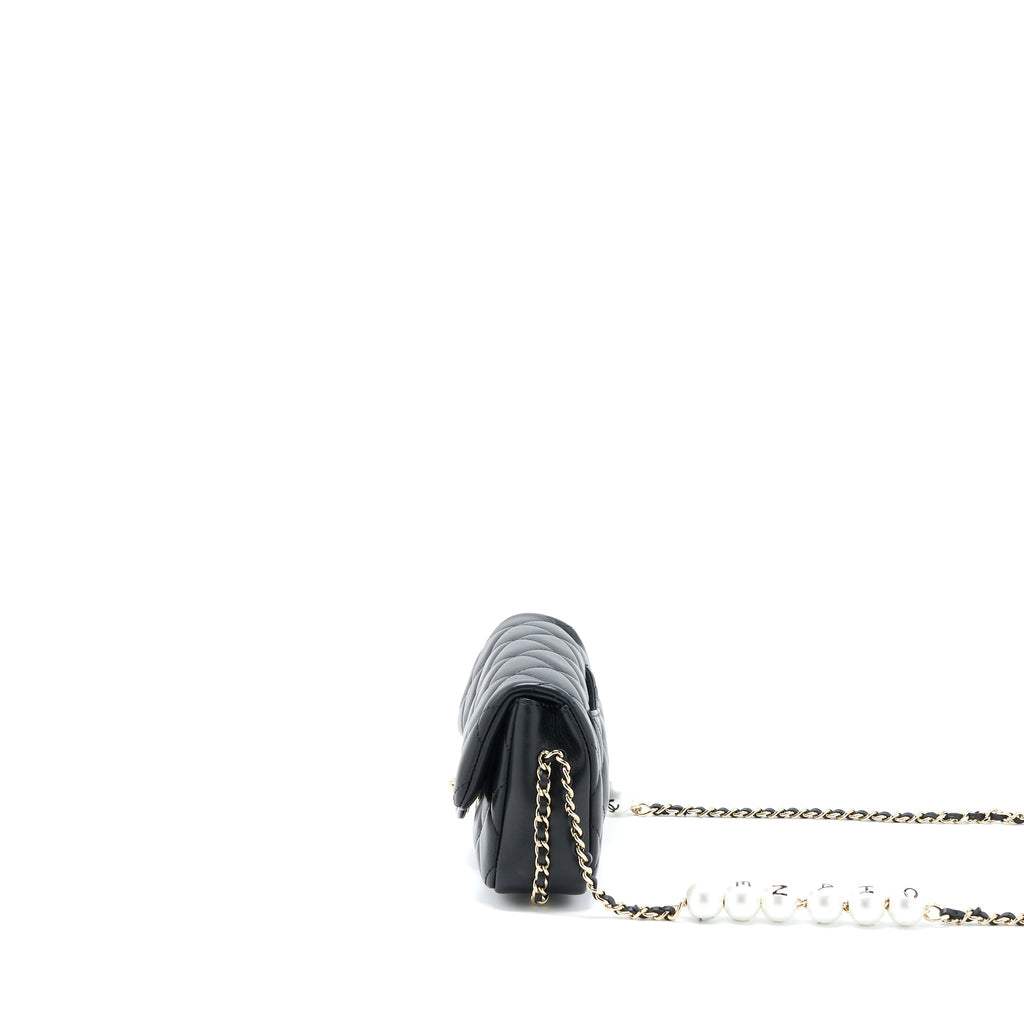 CHANEL PEARL CHAIN FLAP BAG QUILTED LAMBSKIN BLACK LGHW