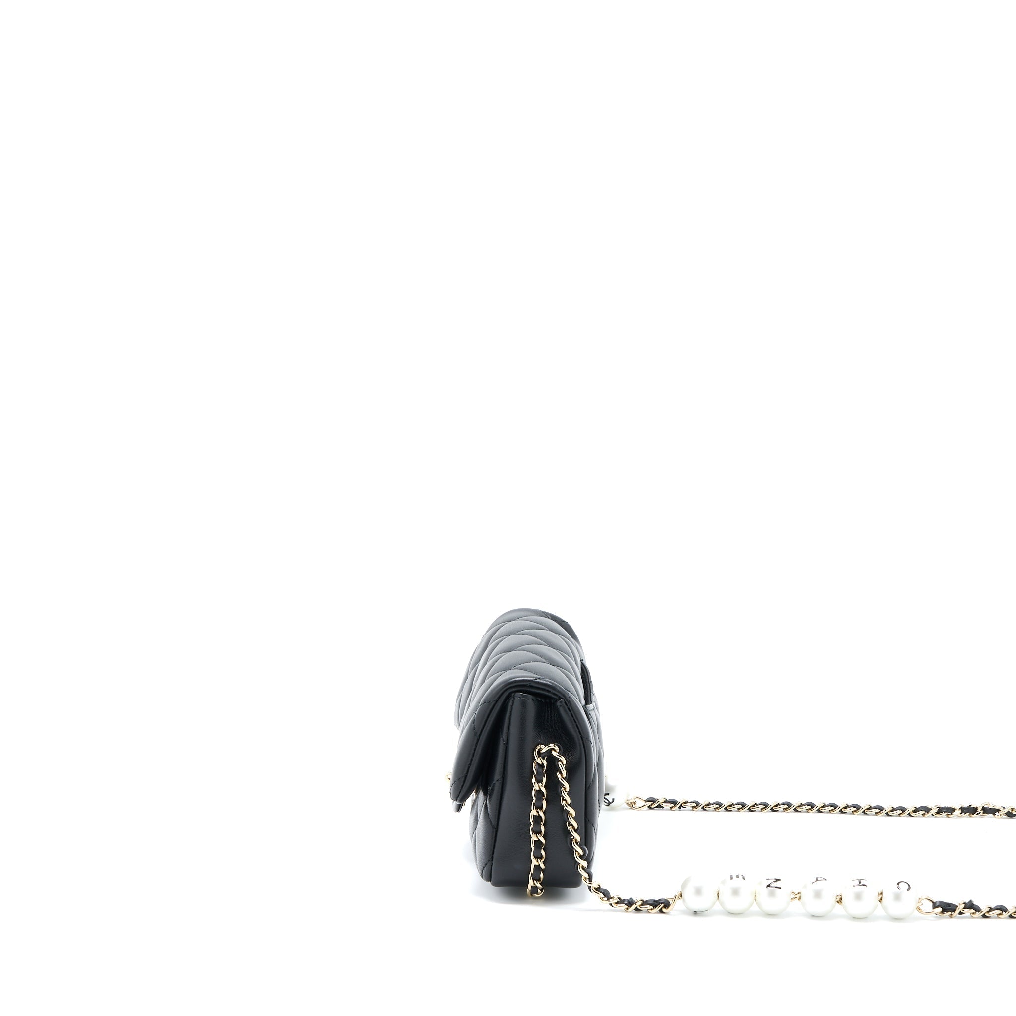 CHANEL PEARL CHAIN FLAP BAG QUILTED LAMBSKIN BLACK LGHW