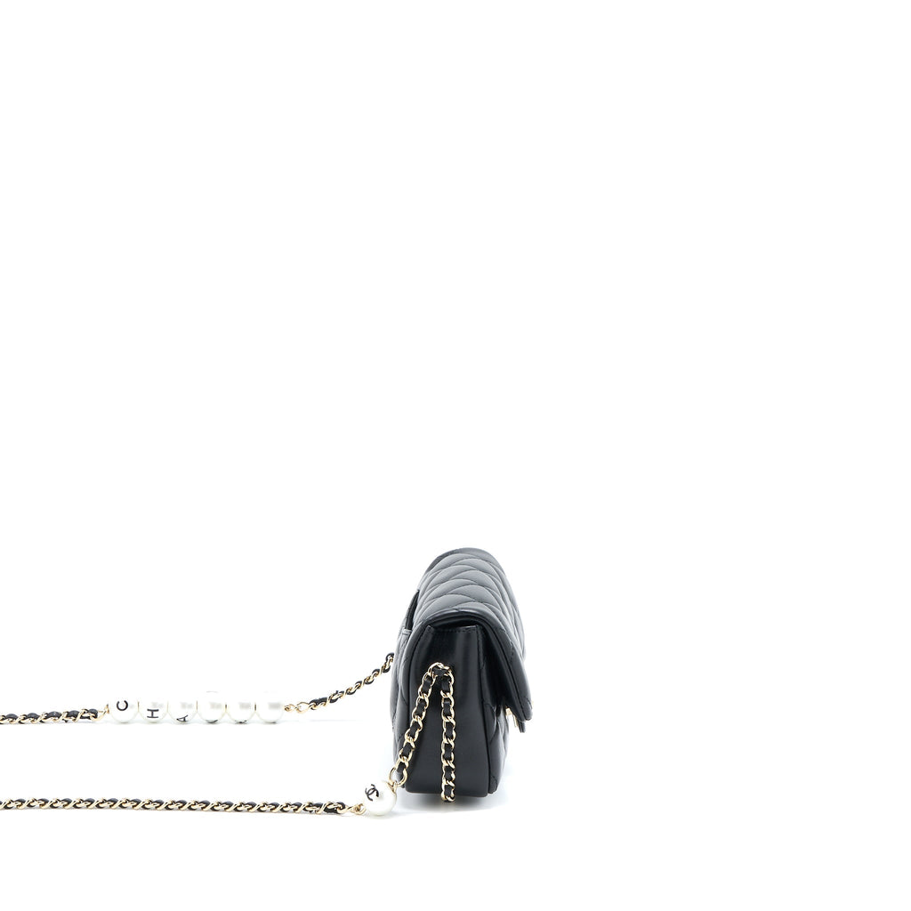 CHANEL PEARL CHAIN FLAP BAG QUILTED LAMBSKIN BLACK LGHW