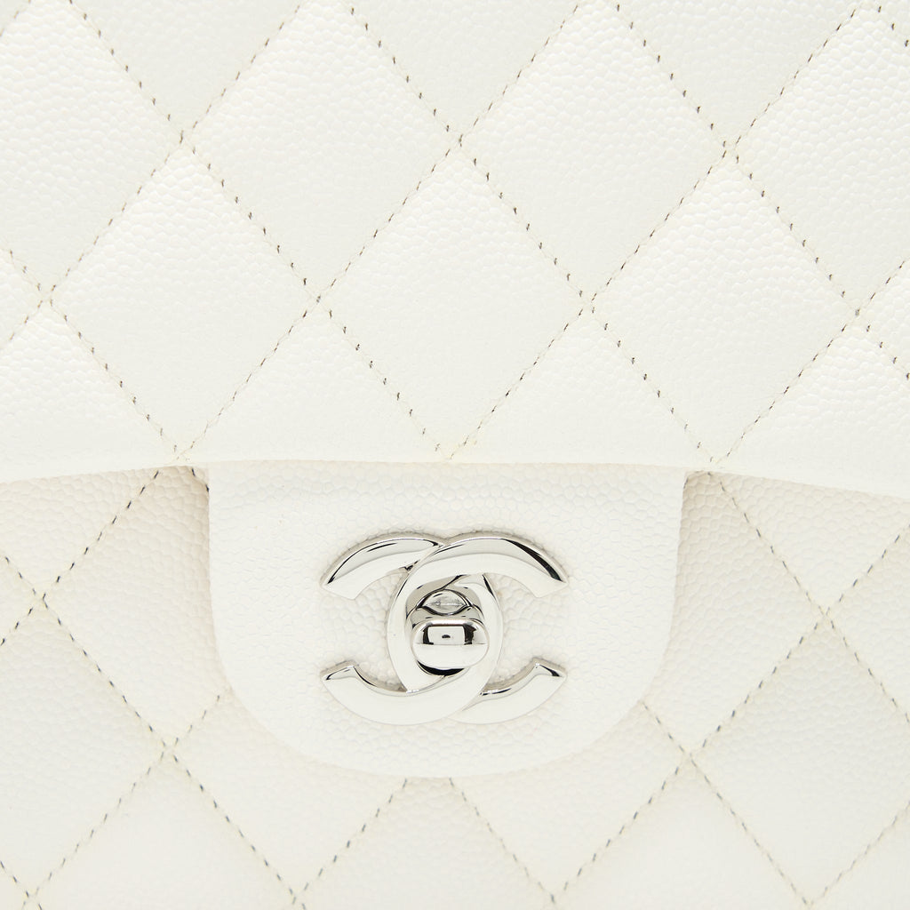 CHANEL MEDIUM CLASSIC DOUBLE FLAP BAG CAVIAR WHITE SHW (MICROCHIP)
