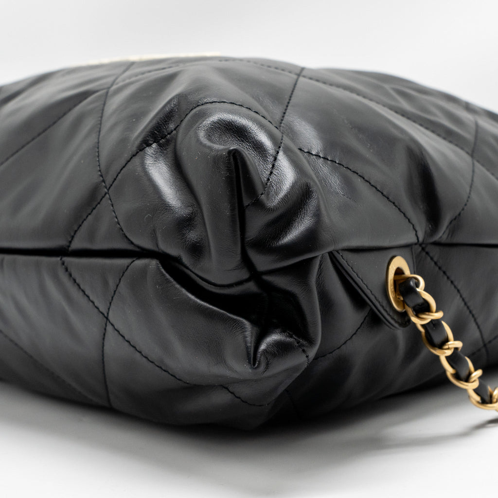 CHANEL 22 BACKPACK WHITE LETTER LOGO SHINY CALFSKIN BLACK GHW (MICROCHIP)