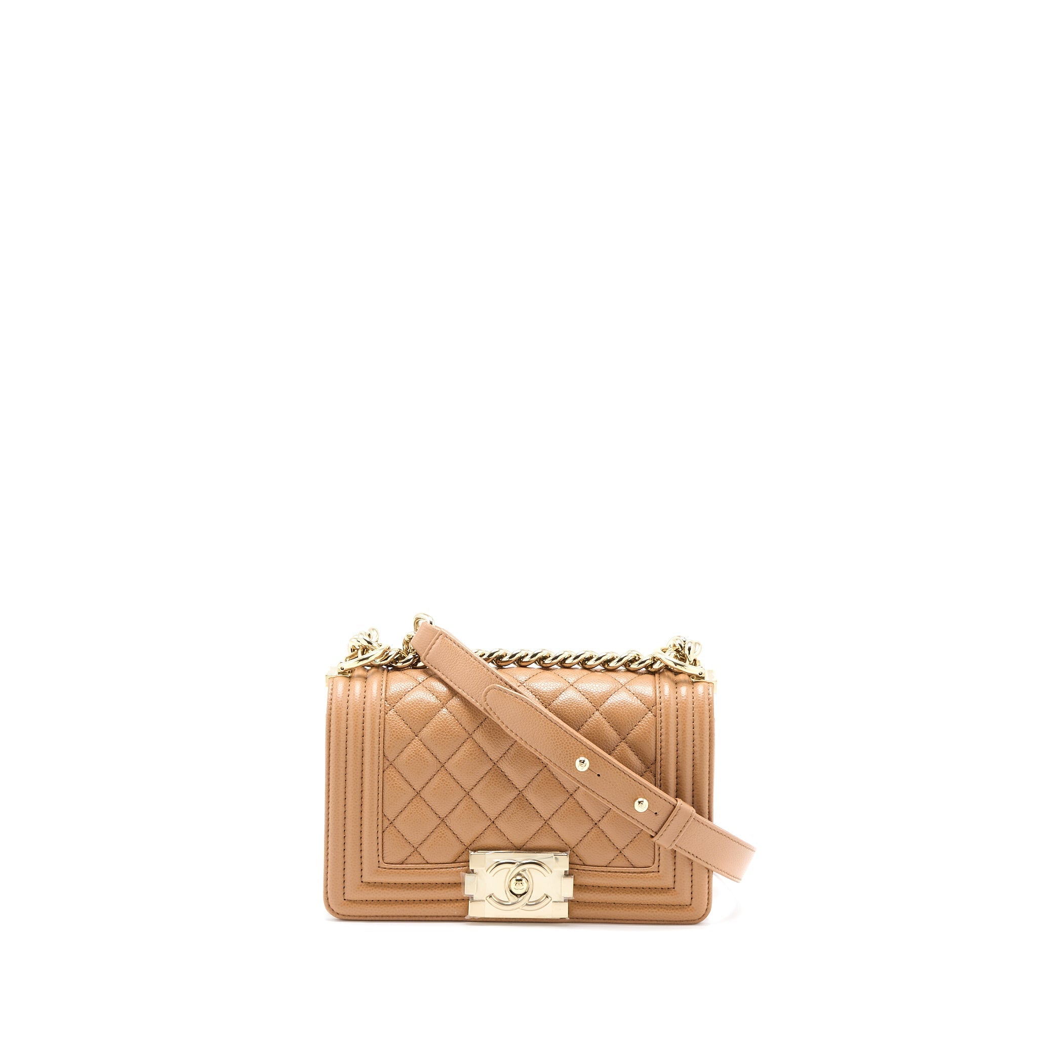 CHANEL 21K SMALL BOY BAG CAVIAR CAMEL LGHW (MICROCHIP)