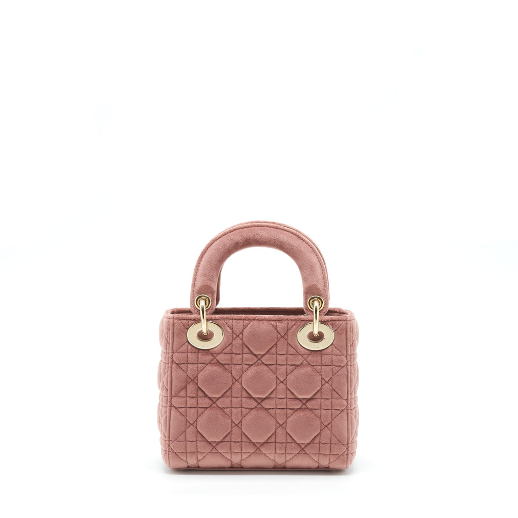 DIOR MINI LADY DIOR VELVET PINK WITH CRYSTAL LIGHT GOLD HARDWARE