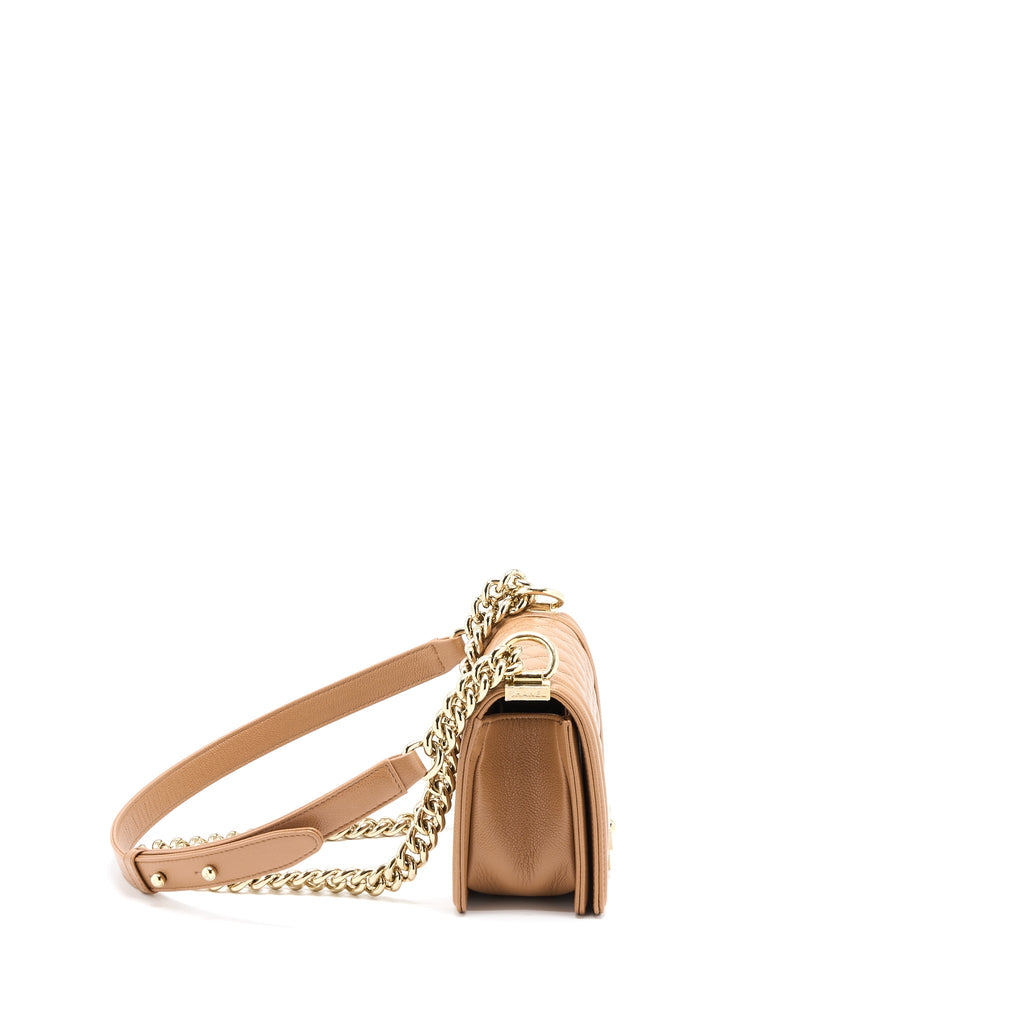 CHANEL 21K SMALL BOY BAG CAVIAR CAMEL LGHW (MICROCHIP)