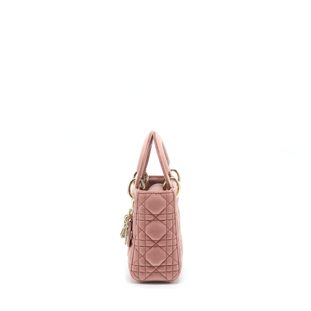 DIOR MINI LADY DIOR VELVET PINK WITH CRYSTAL LIGHT GOLD HARDWARE