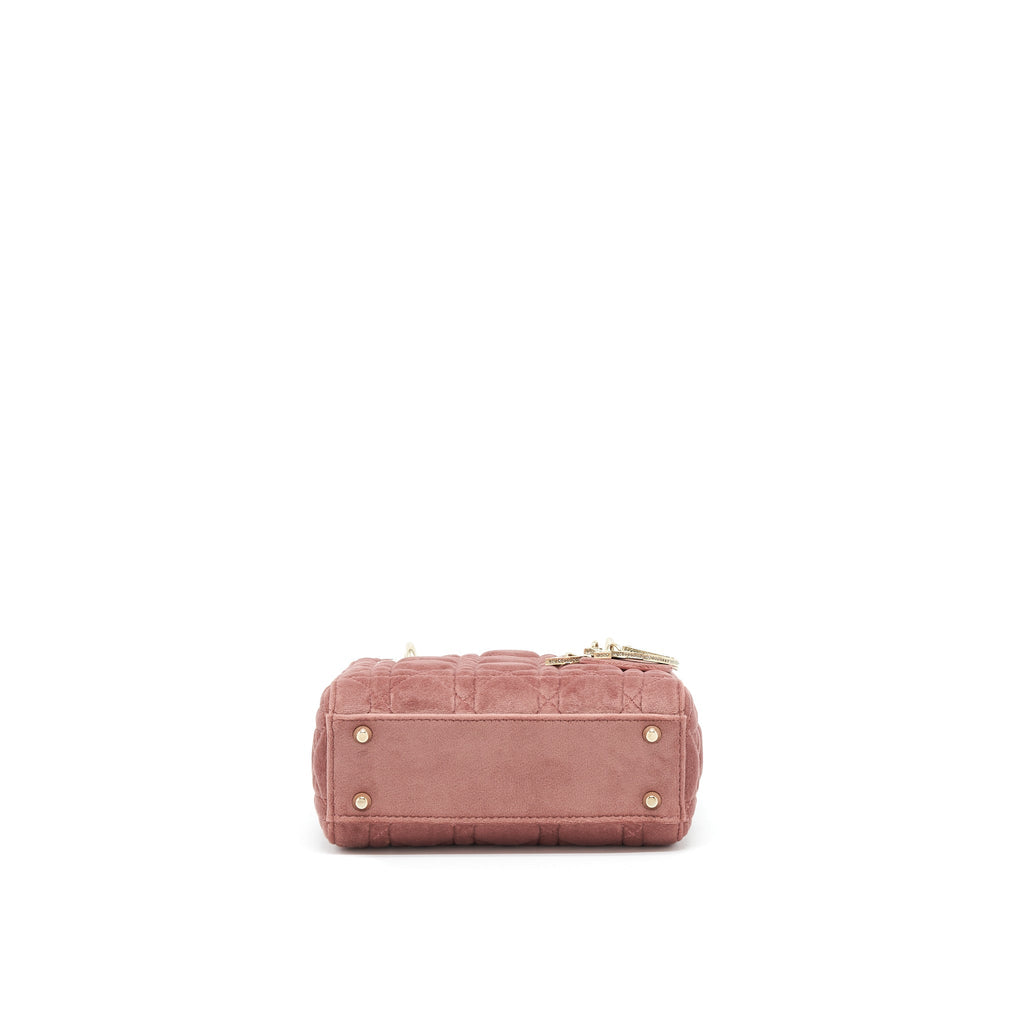 DIOR MINI LADY DIOR VELVET PINK WITH CRYSTAL LIGHT GOLD HARDWARE