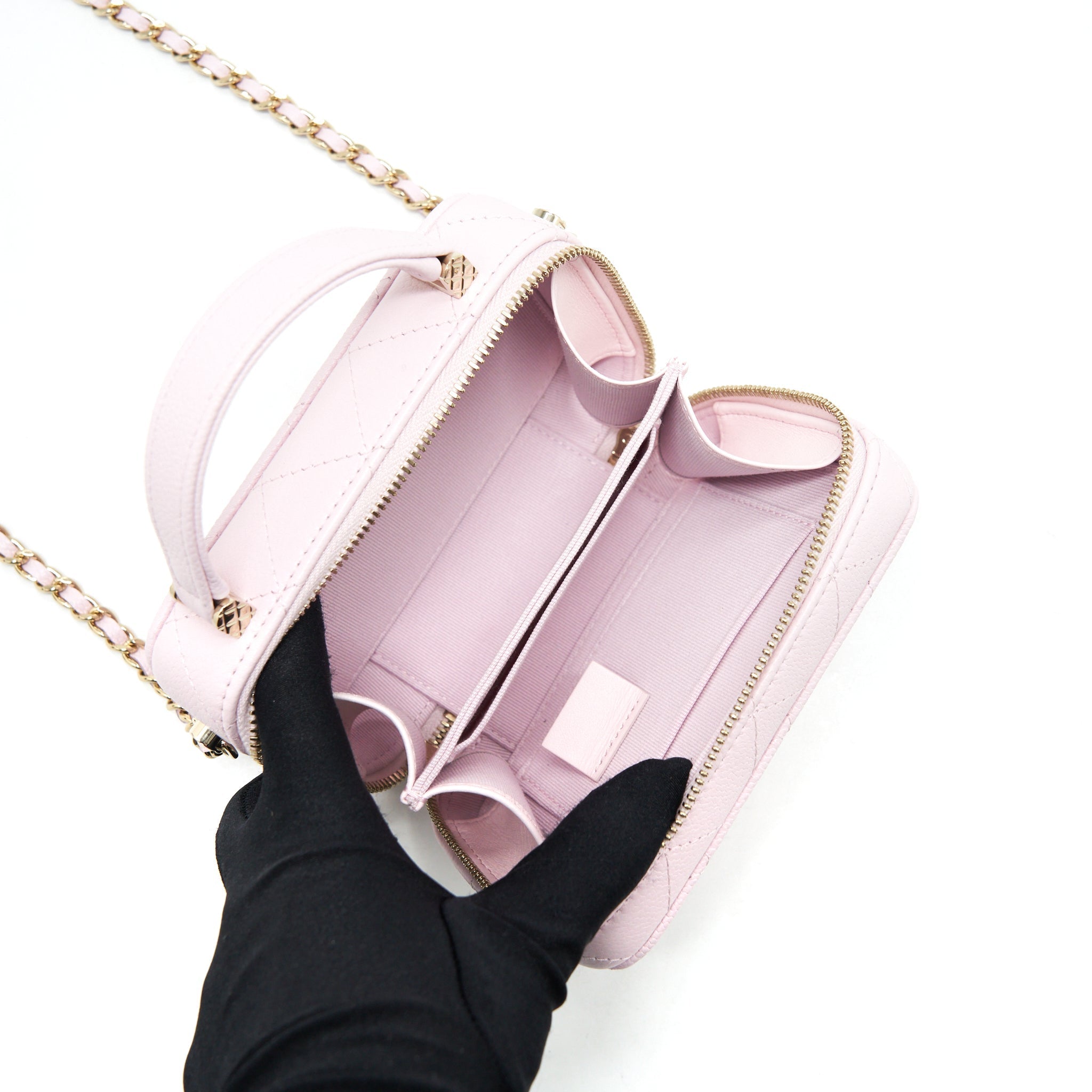 CHANEL 22P TOP HANDLE MINI VANITY WITH CHAIN CAVIAR LIGHT PINK LGHW