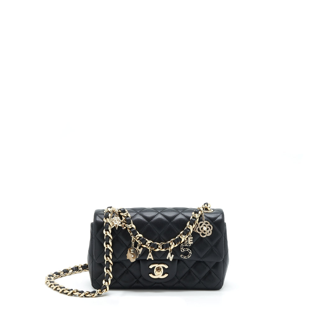 CHANEL MINI RECTANGULAR FLAP BAG WITH BAG CHARMS GIANT CHAINS LAMBSKIN BLACK GHW