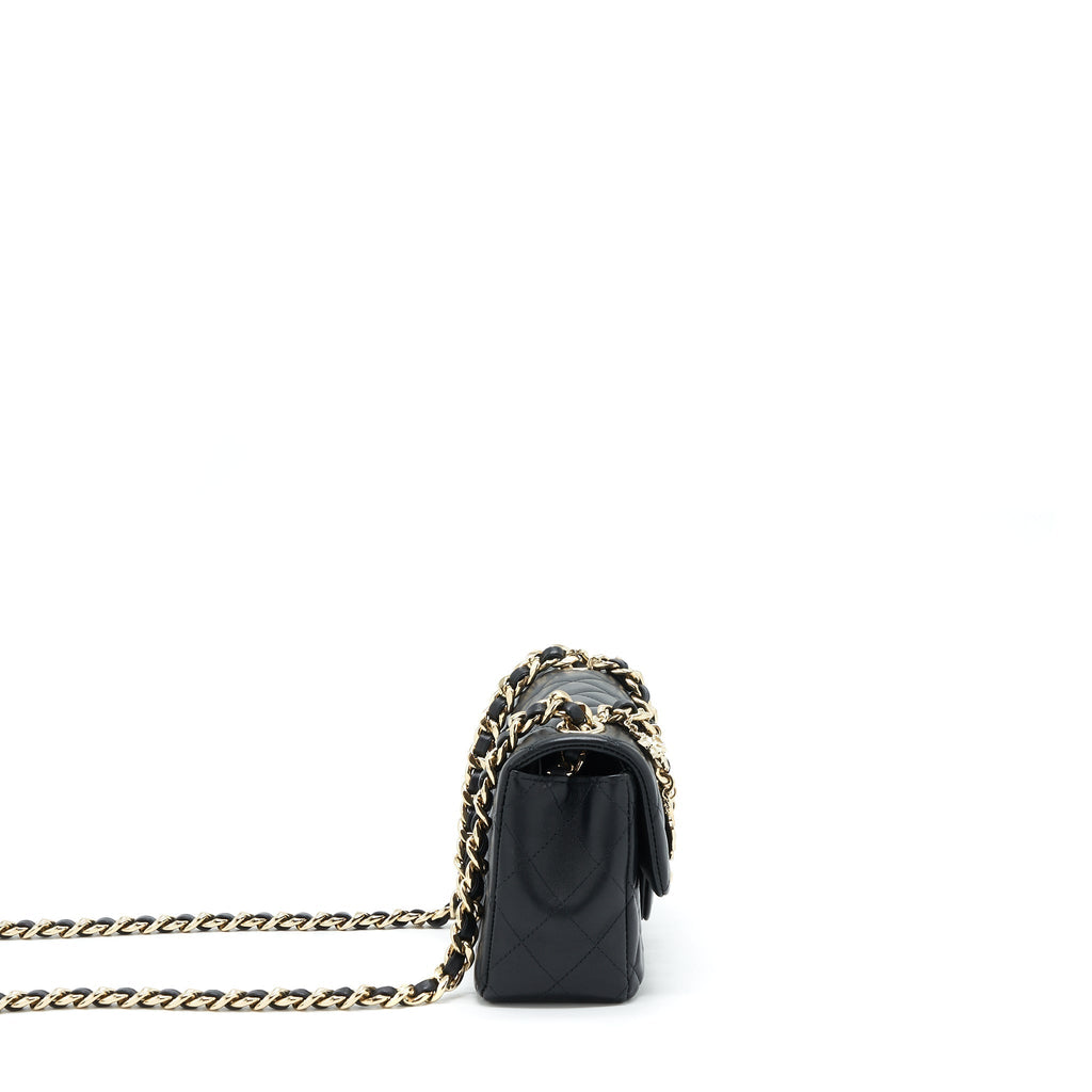 CHANEL MINI RECTANGULAR FLAP BAG WITH BAG CHARMS GIANT CHAINS LAMBSKIN BLACK GHW