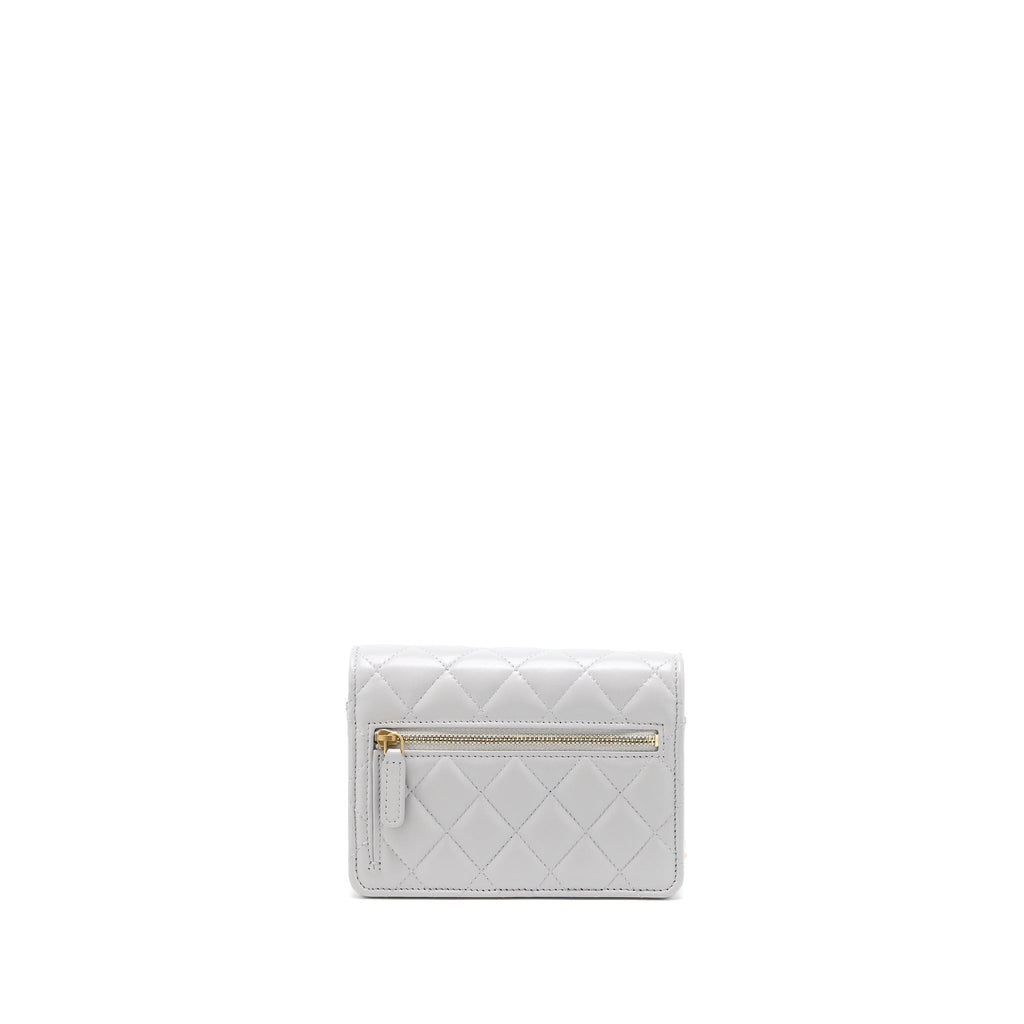 CHANEL MINI SQUARE WALLET ON CHAIN WITH GEM CHAINS LAMBSKIN LIGHT GREY LGHW