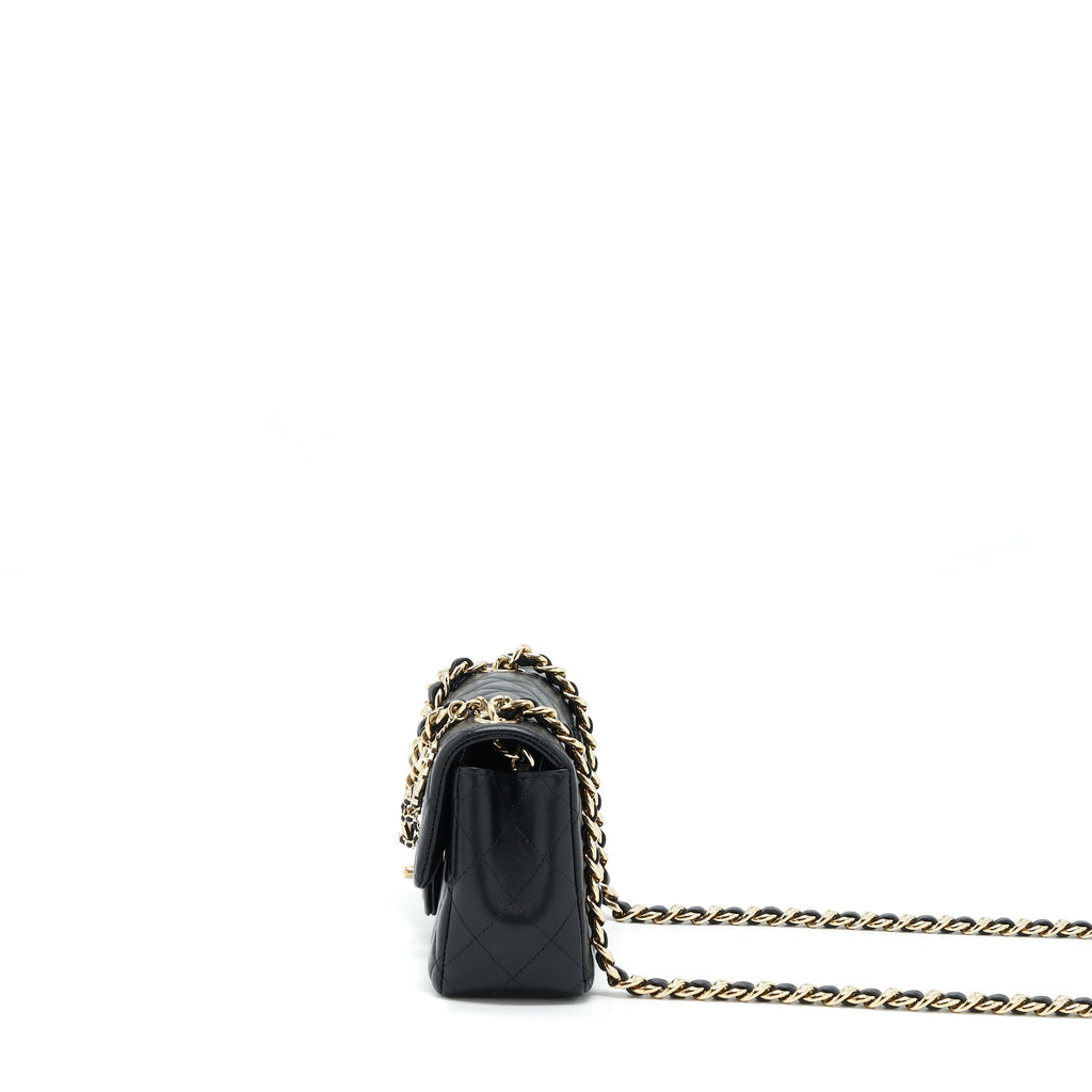 CHANEL MINI RECTANGULAR FLAP BAG WITH BAG CHARMS GIANT CHAINS LAMBSKIN BLACK GHW