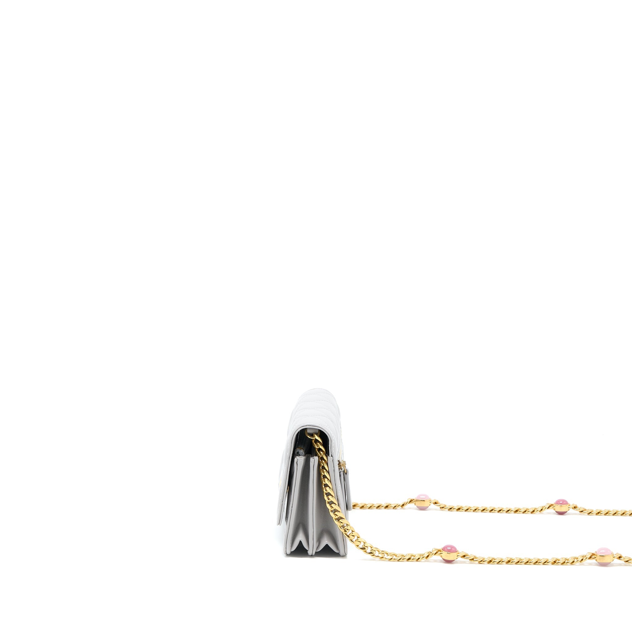 CHANEL MINI SQUARE WALLET ON CHAIN WITH GEM CHAINS LAMBSKIN LIGHT GREY LGHW