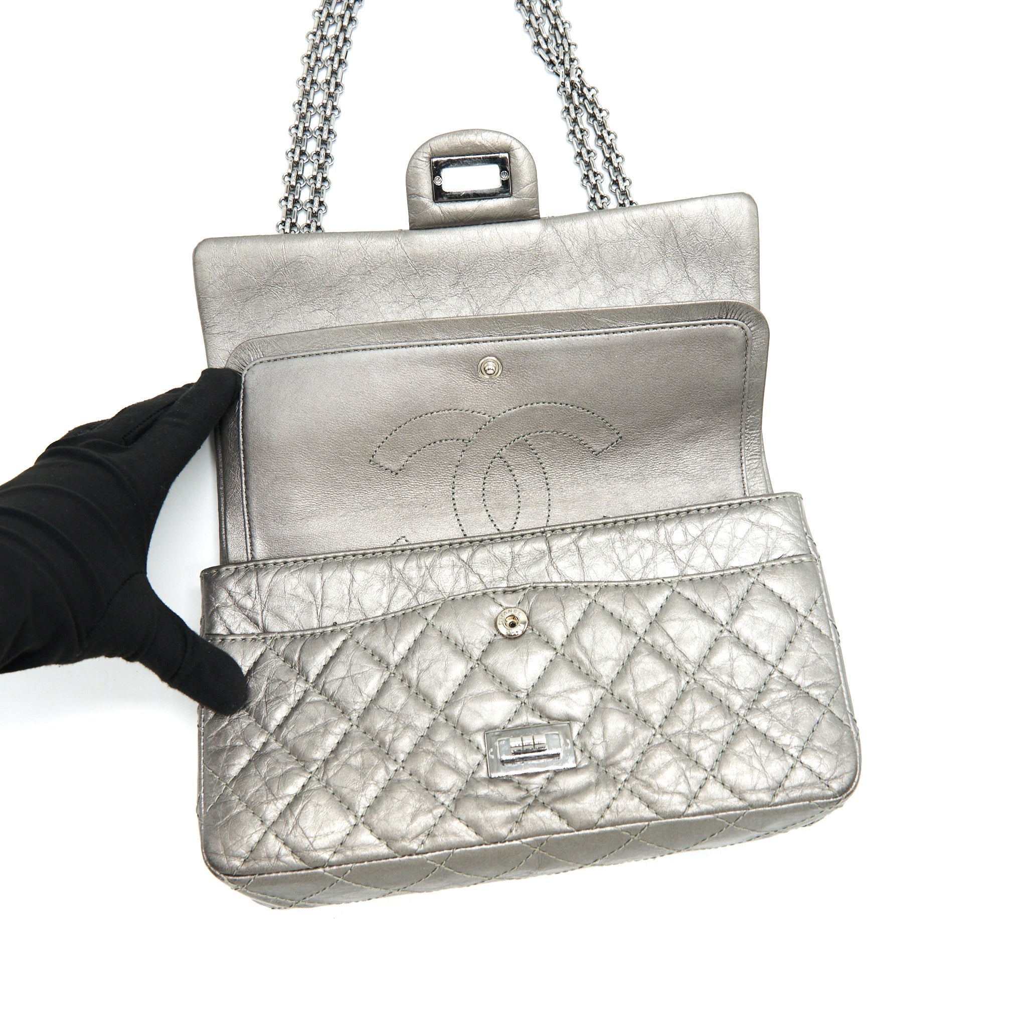 CHANEL SMALL REISSUE 2.55 225 DOUBLE FLAP BAG SILVER GREY