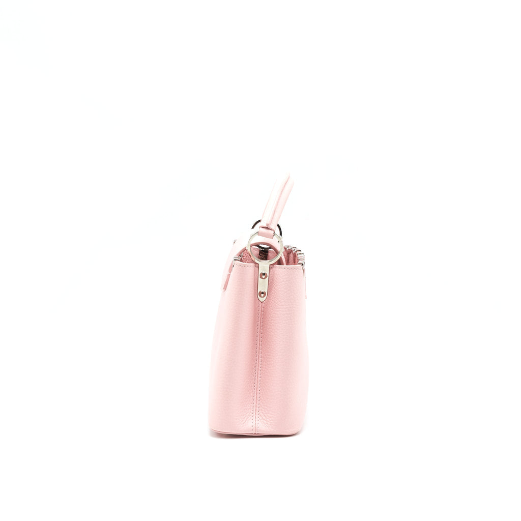 LOUIS VUITTON CAPUCINES BB IN PINK WITH RED FLORAL PATTERN