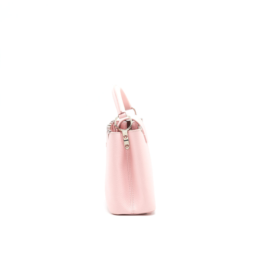 LOUIS VUITTON CAPUCINES BB IN PINK WITH RED FLORAL PATTERN