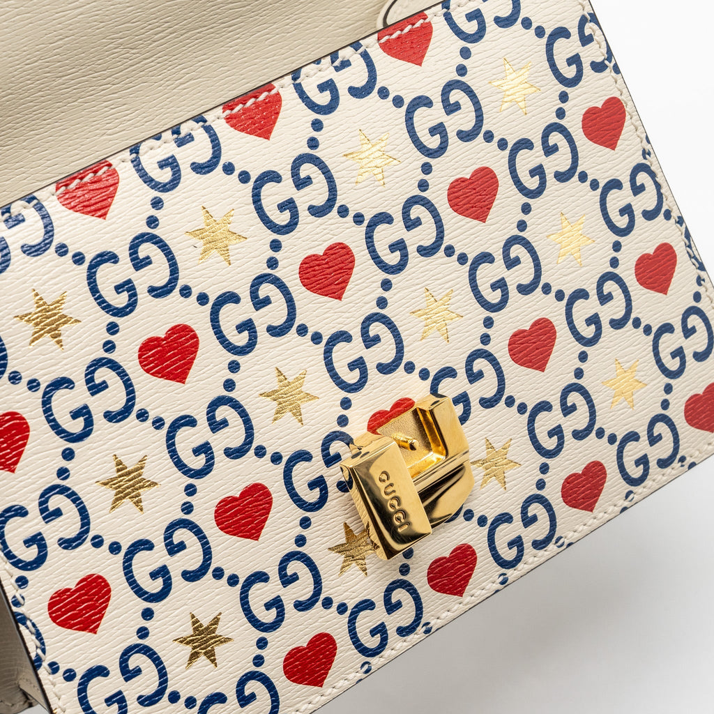 GUCCI MINI TOP HANDLE SYLVIE TOTE BAG WITH HEART PRINT LIMITED WHITE MULTICOLOR GHW