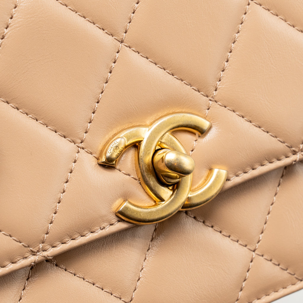 CHANEL GOLD CRUSH MINI FLAP BAG CALFSKIN BEIGE GHW (MICROCHIP)