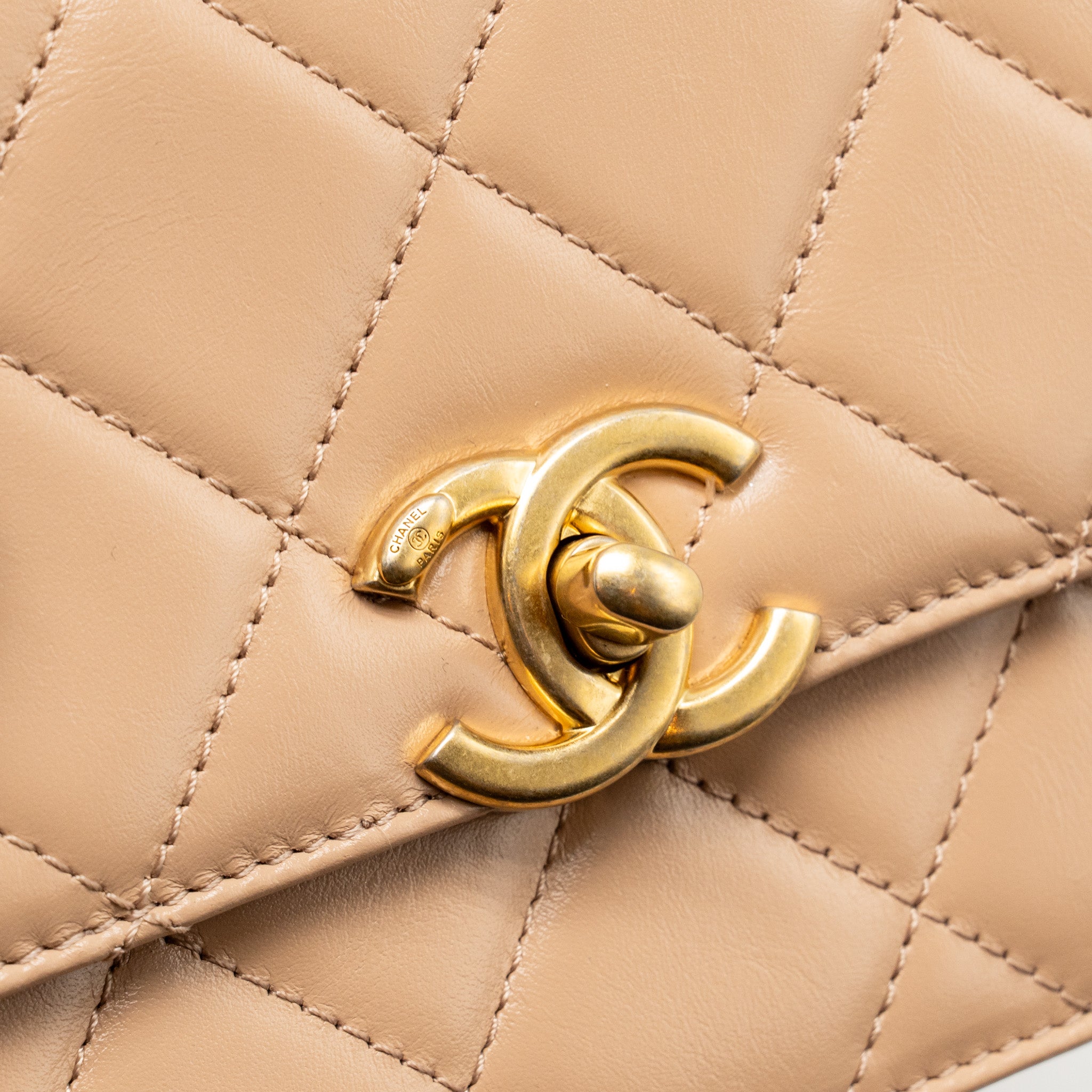 CHANEL GOLD CRUSH MINI FLAP BAG CALFSKIN BEIGE GHW (MICROCHIP)