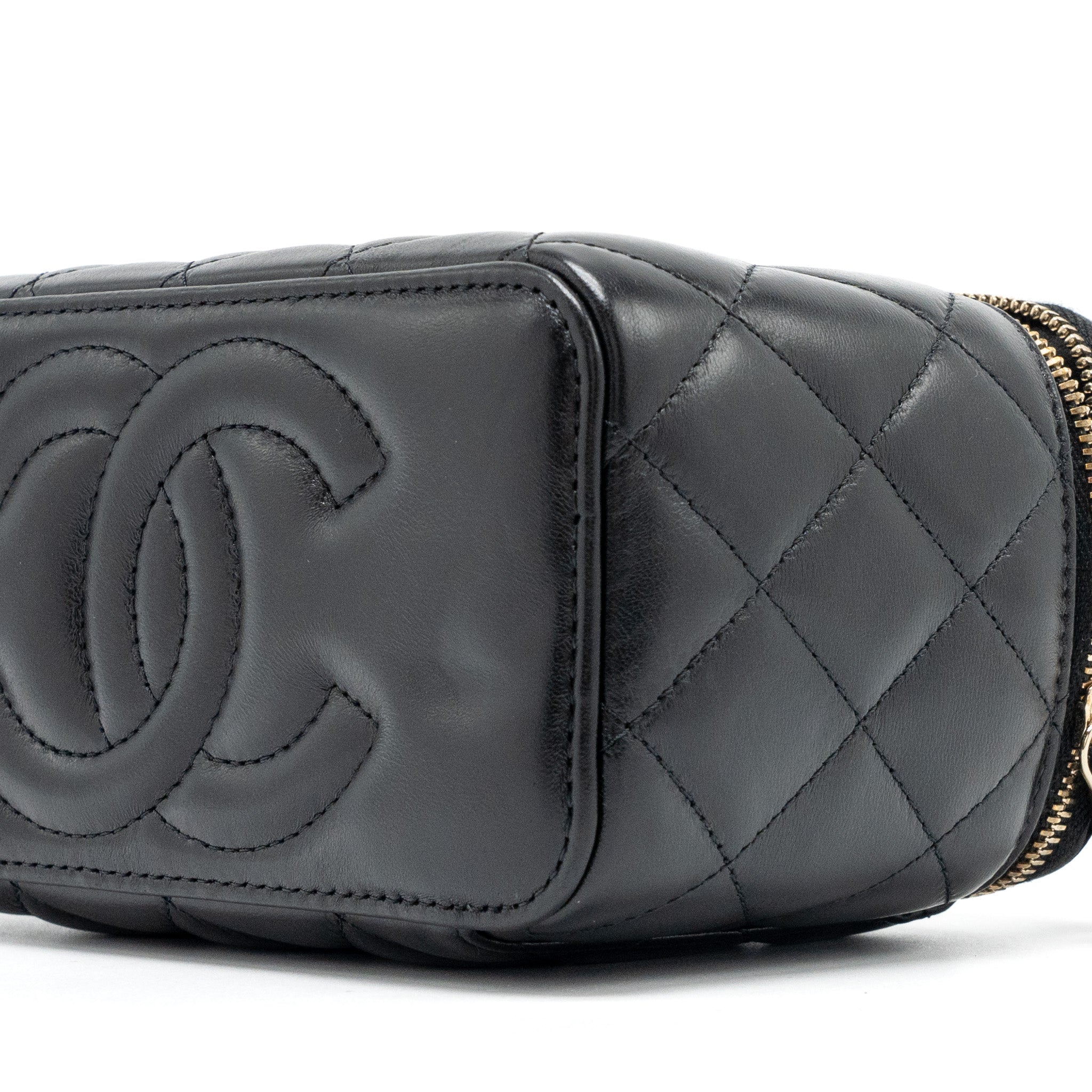 CHANEL 22K GOLD PILLAR ADJUSTABLE CHAIN LONG VANITY LAMBSKIN BLACK GHW (MICROCHIP)