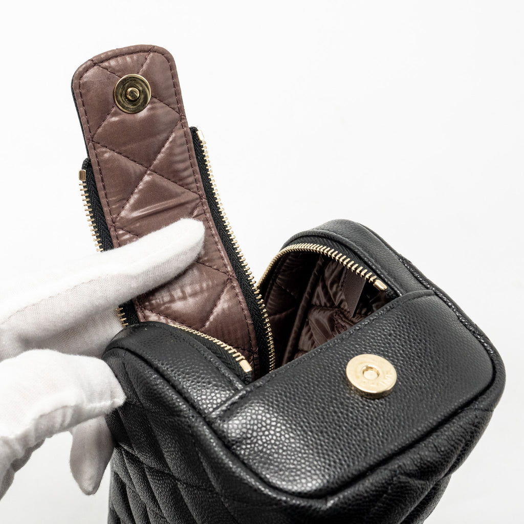 CHANEL DOUBLE ZIP POUCH COSMETIC CASE CAVIAR BLACK GHW (MICROCHIP)