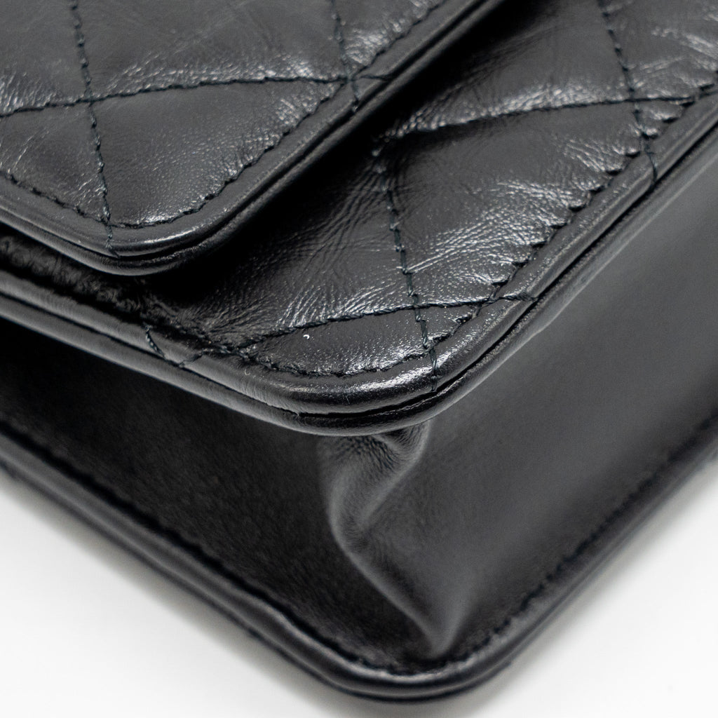 CHANEL 2.55 WALLET ON CHAIN AGED CALFSKIN BLACK BRUSHED GHW (MICROCHIP)