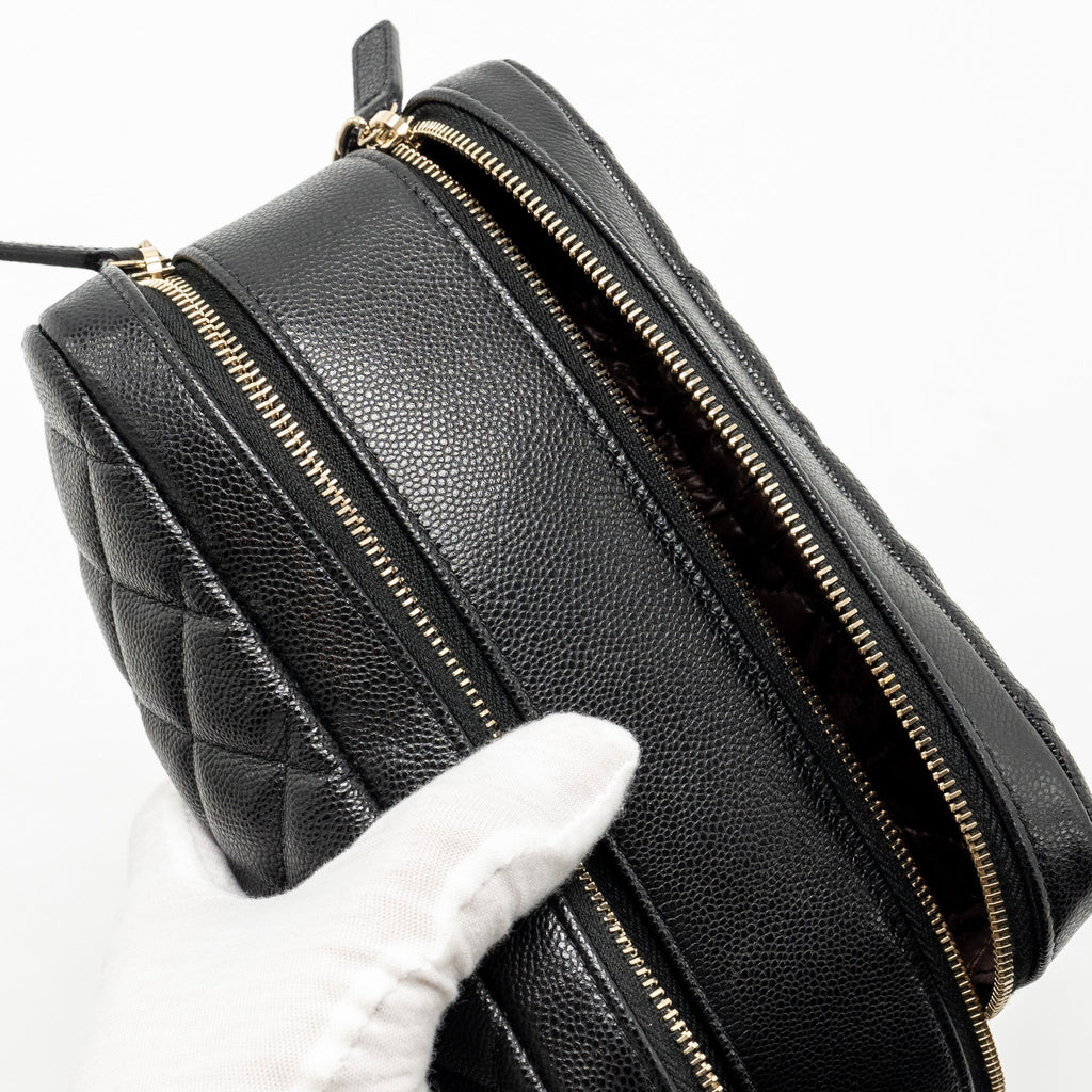 CHANEL DOUBLE ZIP POUCH COSMETIC CASE CAVIAR BLACK GHW (MICROCHIP)