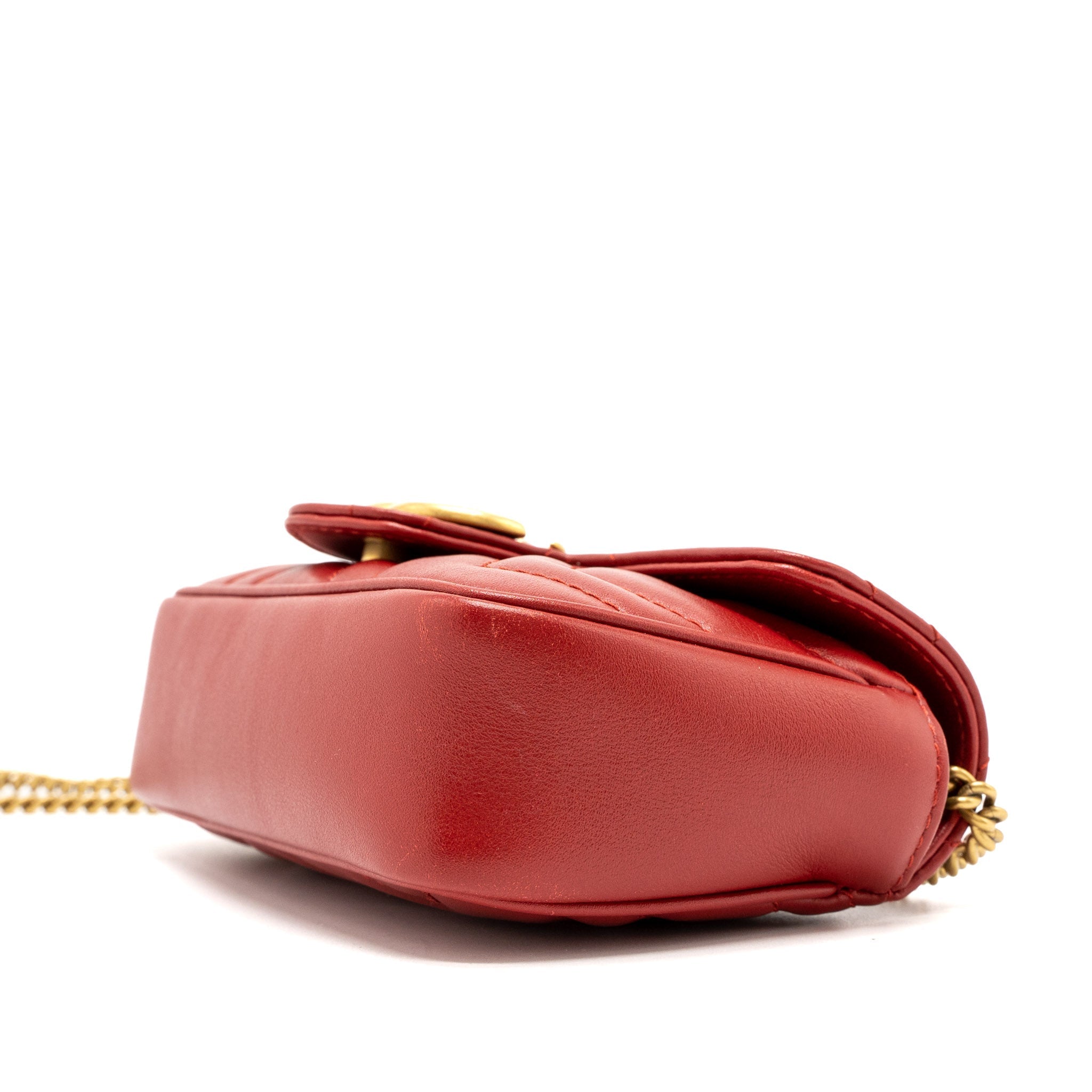 GUCCI GG MARMONT SUPER MINI BAG MATELASSÉ CALFSKIN RED BRUSHED GHW