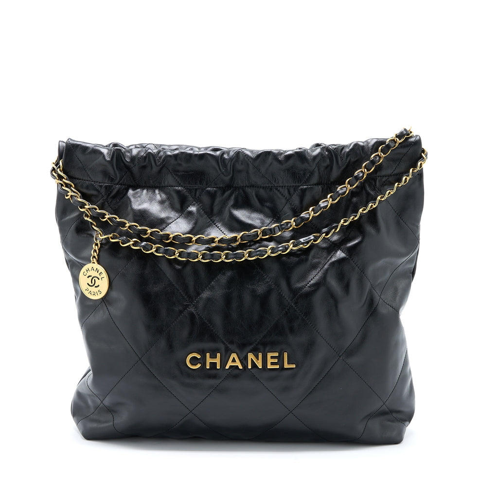CHANEL MEDIUM 22 BAG SHINY CALFSKIN BLACK BRUSHED GHW (MICROCHIP)