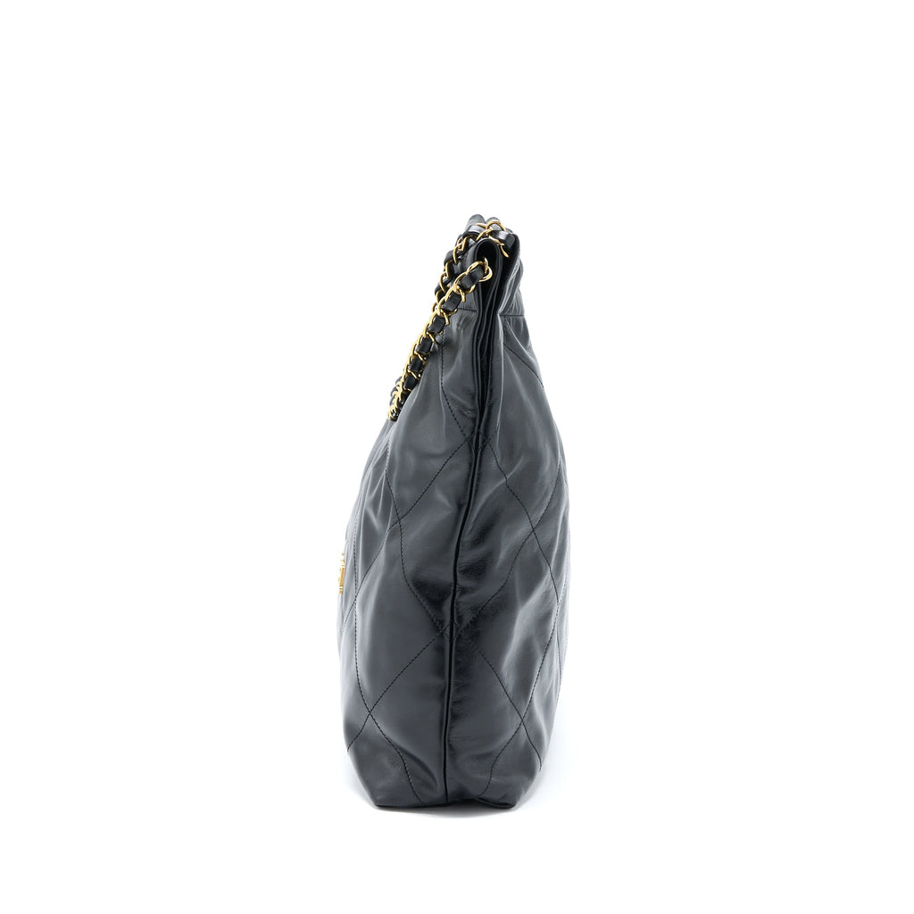 CHANEL MEDIUM 22 BAG SHINY CALFSKIN BLACK BRUSHED GHW (MICROCHIP)