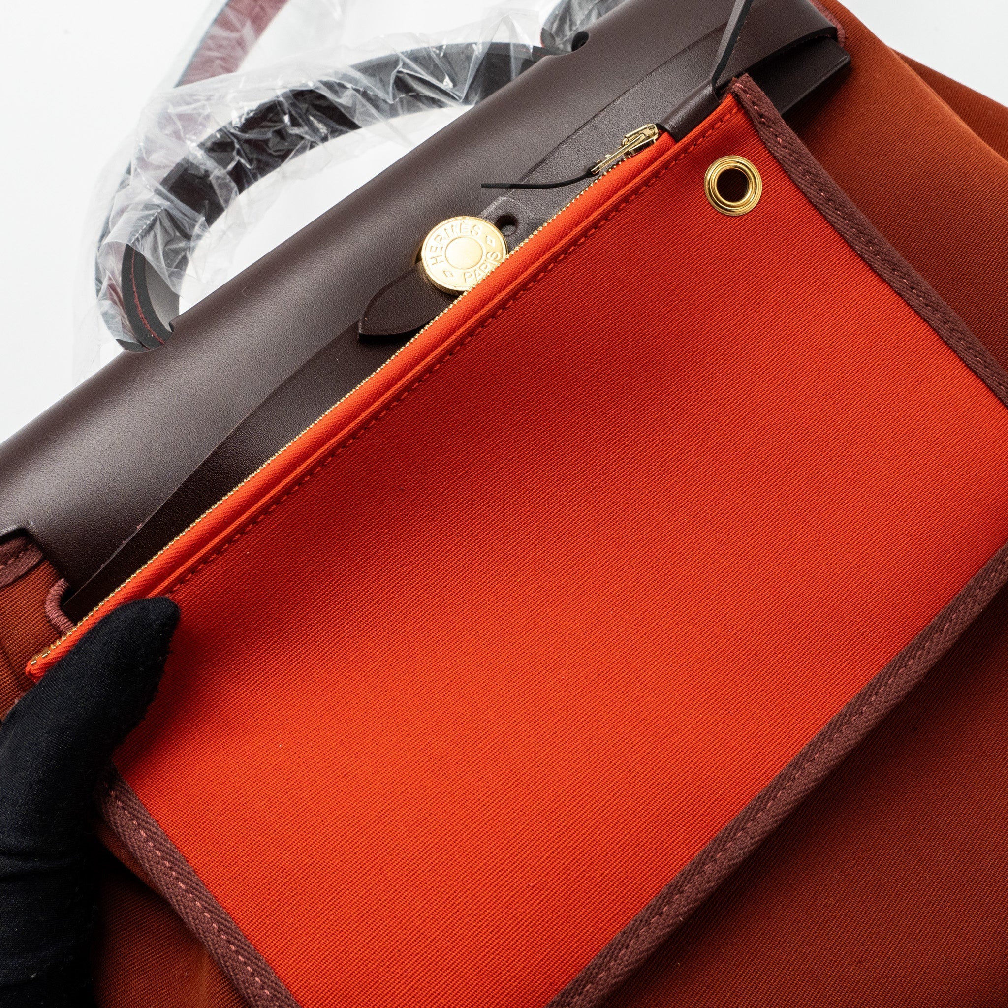 HERMES HERBAG ZIP 31 BAG CANVAS / HUNTER LEATHER CUVIER / ORANGE MECANO/ ROUGE SELLIER GHW