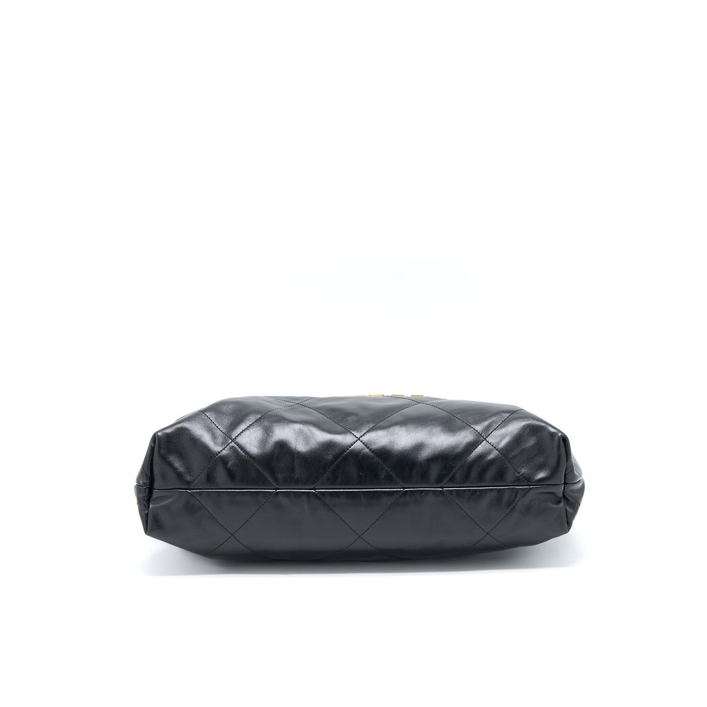 CHANEL MEDIUM 22 BAG SHINY CALFSKIN BLACK BRUSHED GHW (MICROCHIP)