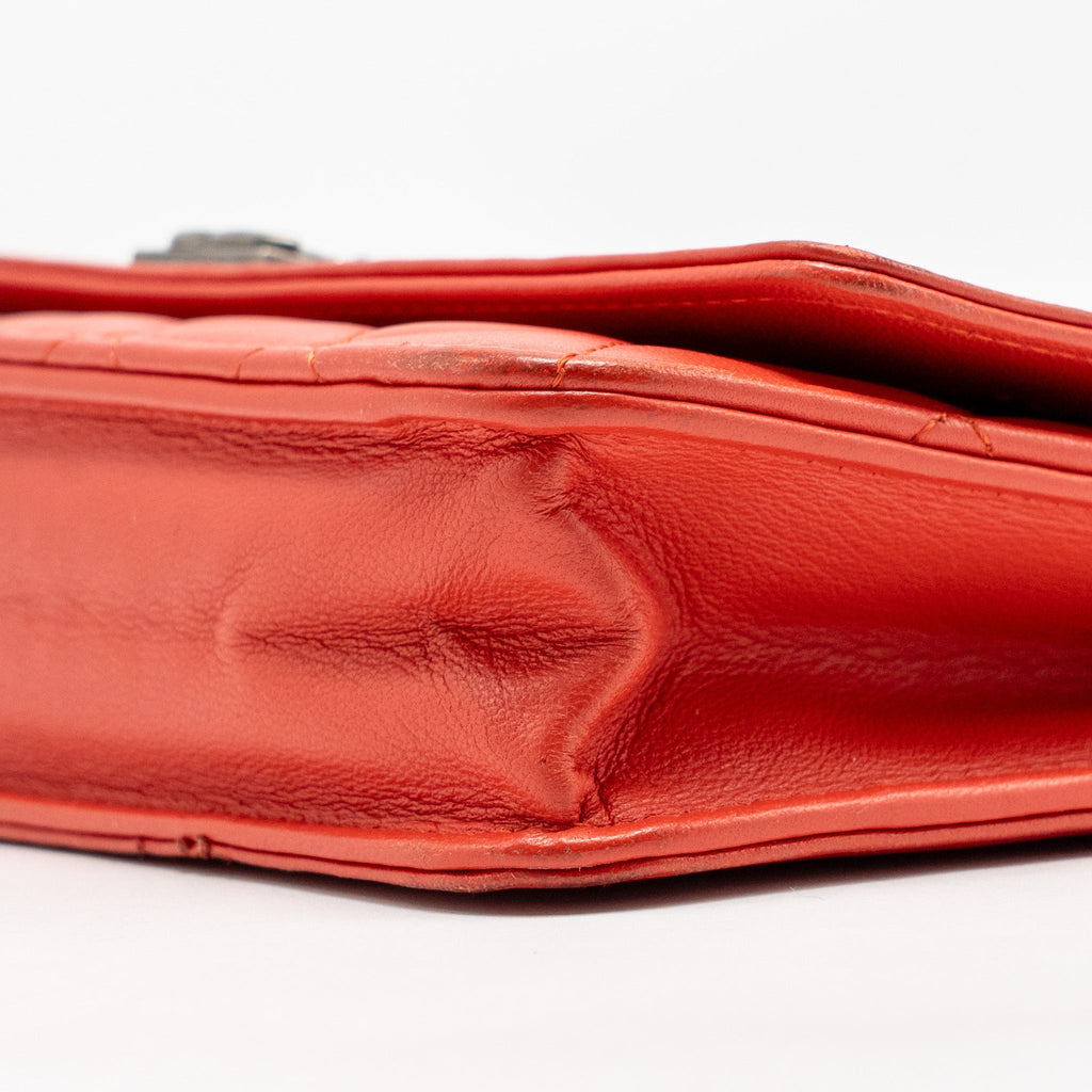 CHANEL BOY WALLET ON CHAIN LAMBSKIN RED RUTHENIUM SILVER HARDWARE