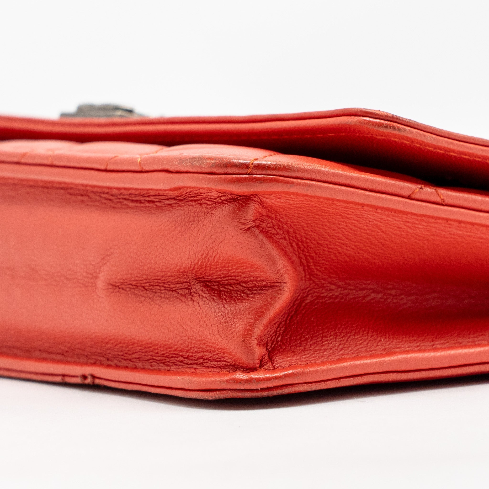 CHANEL BOY WALLET ON CHAIN LAMBSKIN RED RUTHENIUM SILVER HARDWARE