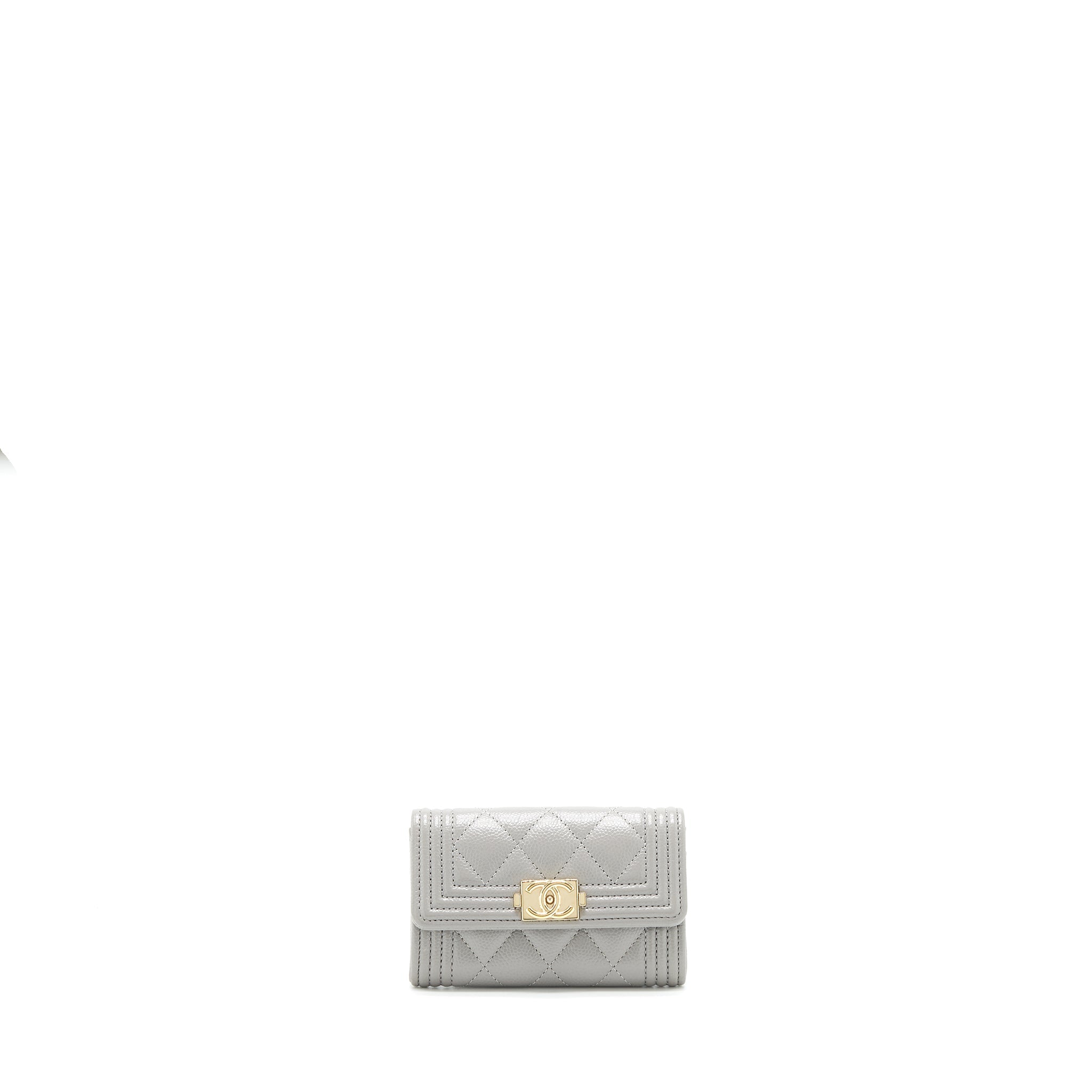 CHANEL BOY FLAP CARD HOLDER CAVIAR LIGHT GREY LGHW