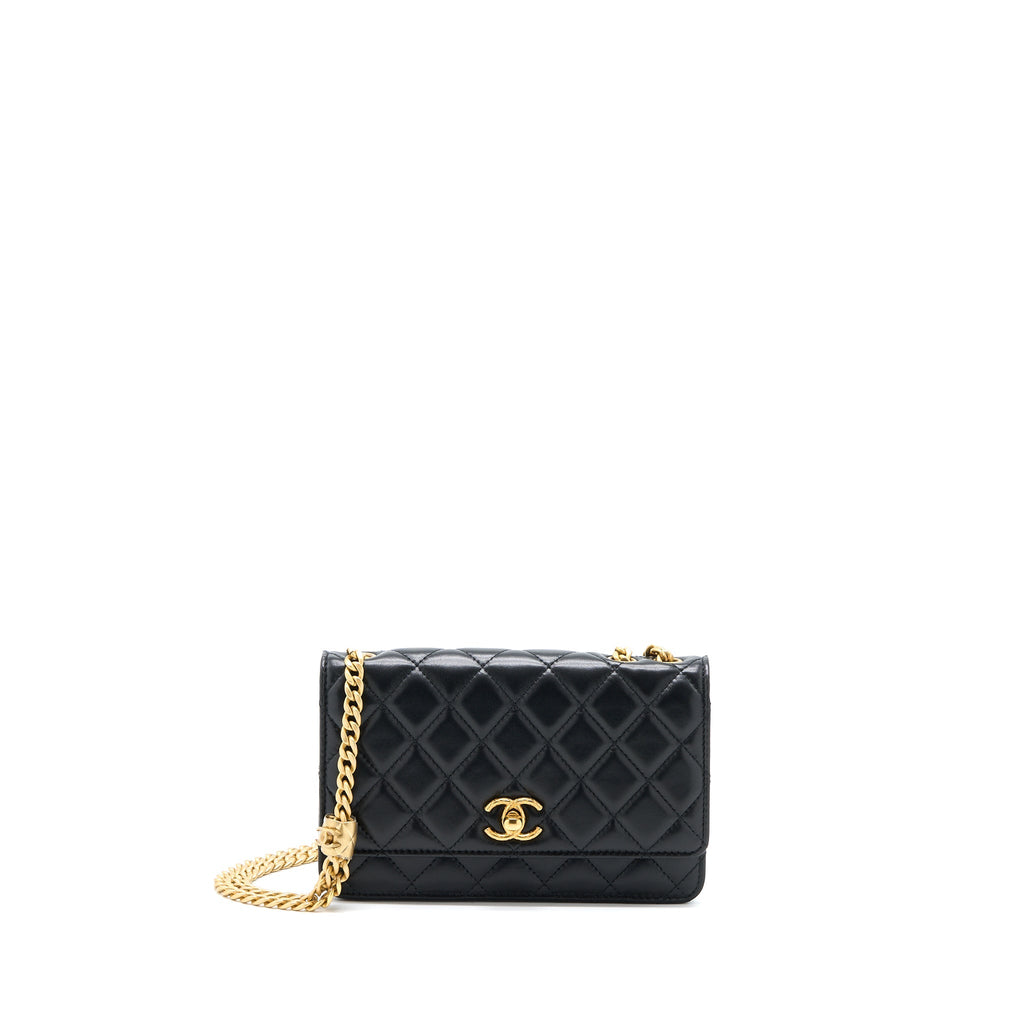 CHANEL 22K GOLD PILLAR WALLET ON CHAIN LAMBSKIN BLACK BRUSHED GHW (MICROCHIP)