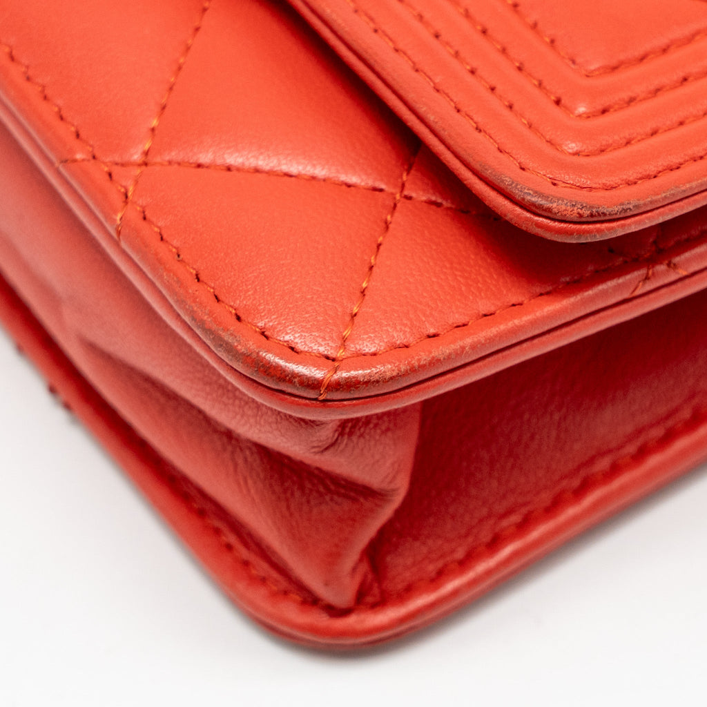 CHANEL BOY WALLET ON CHAIN LAMBSKIN RED RUTHENIUM SILVER HARDWARE