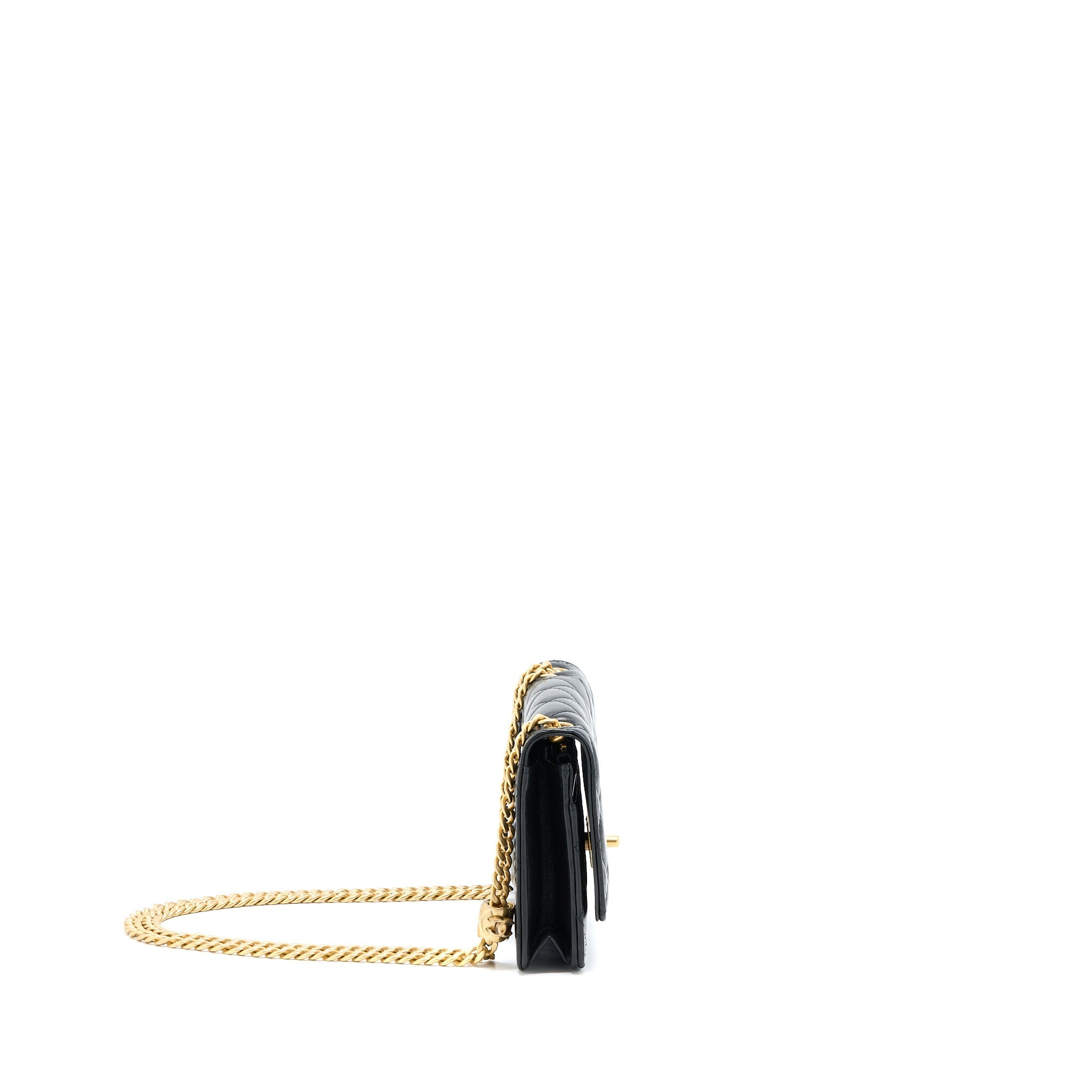 CHANEL 22K GOLD PILLAR WALLET ON CHAIN LAMBSKIN BLACK BRUSHED GHW (MICROCHIP)