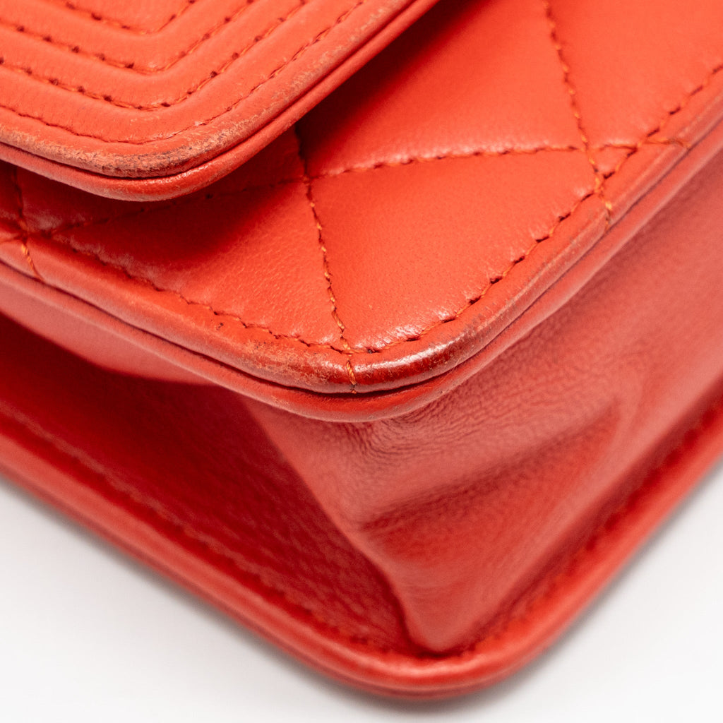 CHANEL BOY WALLET ON CHAIN LAMBSKIN RED RUTHENIUM SILVER HARDWARE