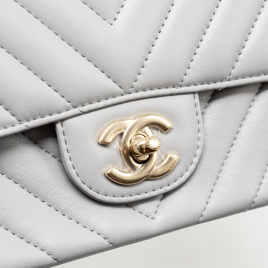 CHANEL MINI RECTANGULAR FLAP BAG CHEVRON LAMBSKIN GREY LGHW