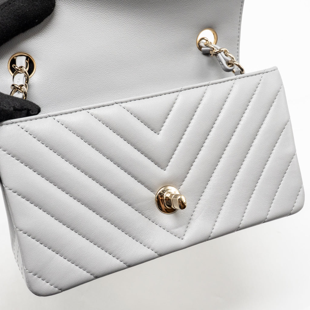CHANEL MINI RECTANGULAR FLAP BAG CHEVRON LAMBSKIN GREY LGHW