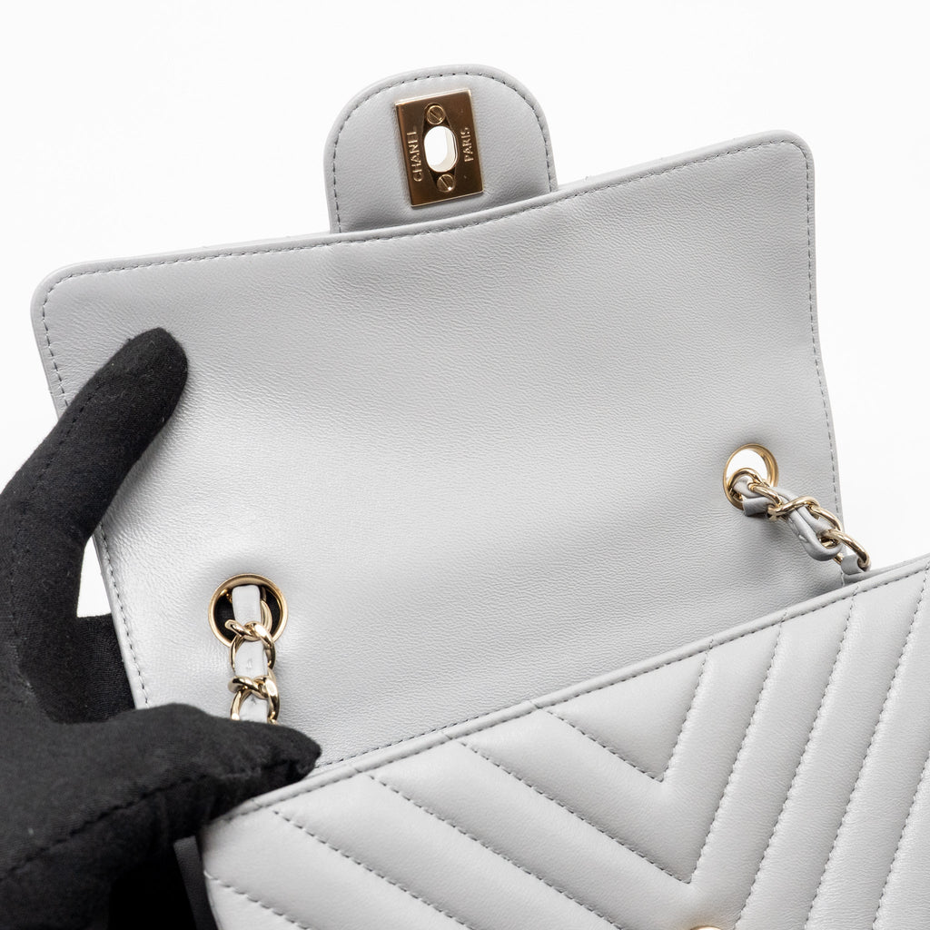 CHANEL MINI RECTANGULAR FLAP BAG CHEVRON LAMBSKIN GREY LGHW